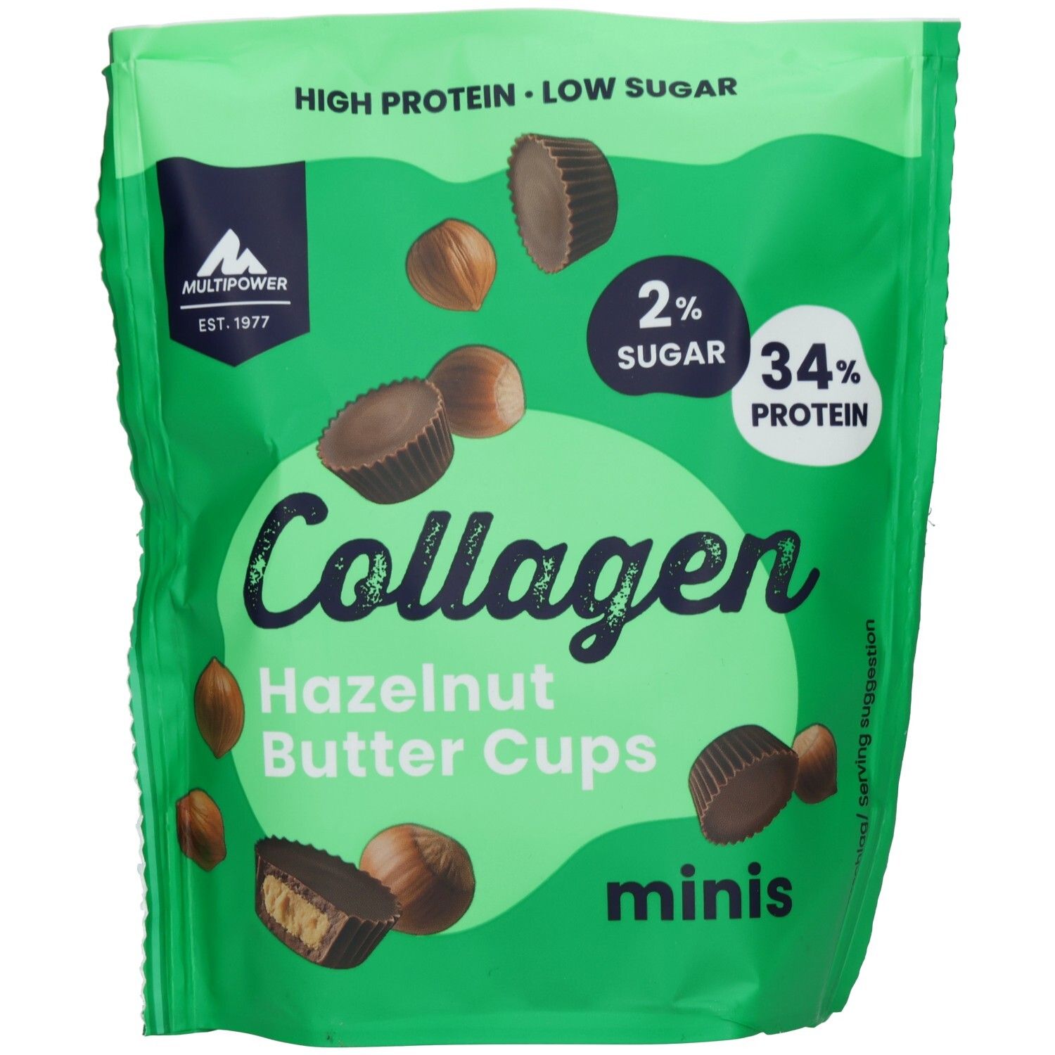 Sachet vert Multipower Collagen Haselnuss Butter Cups Minis. Inscription : 2% sucre, 34% protéines. Noisettes et cups illustrés.