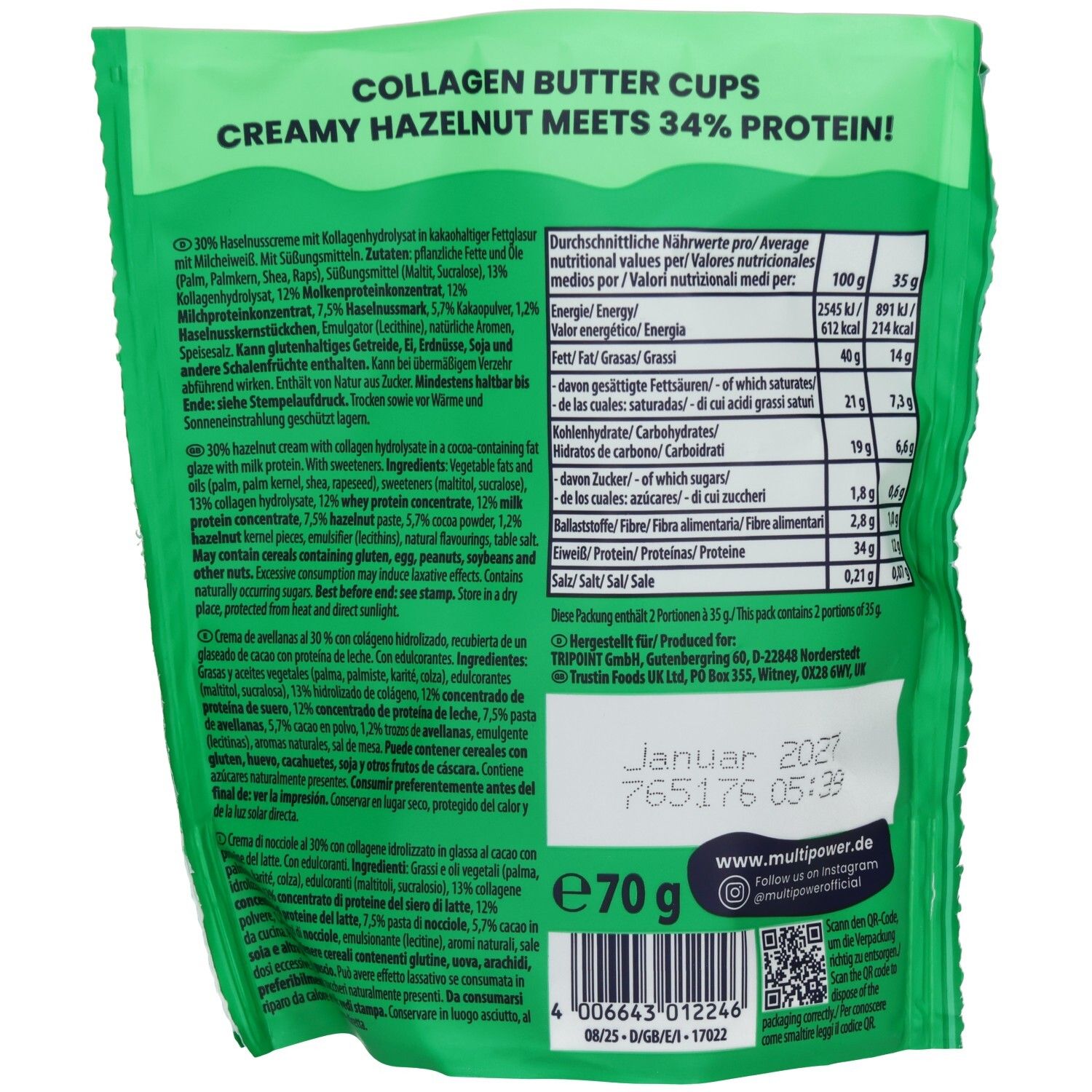 Dos du sachet vert. Texte : Collagen Butter Cups, noisette crémeuse, 34% protéines. Informations nutritionnelles et liste des ingrédients.