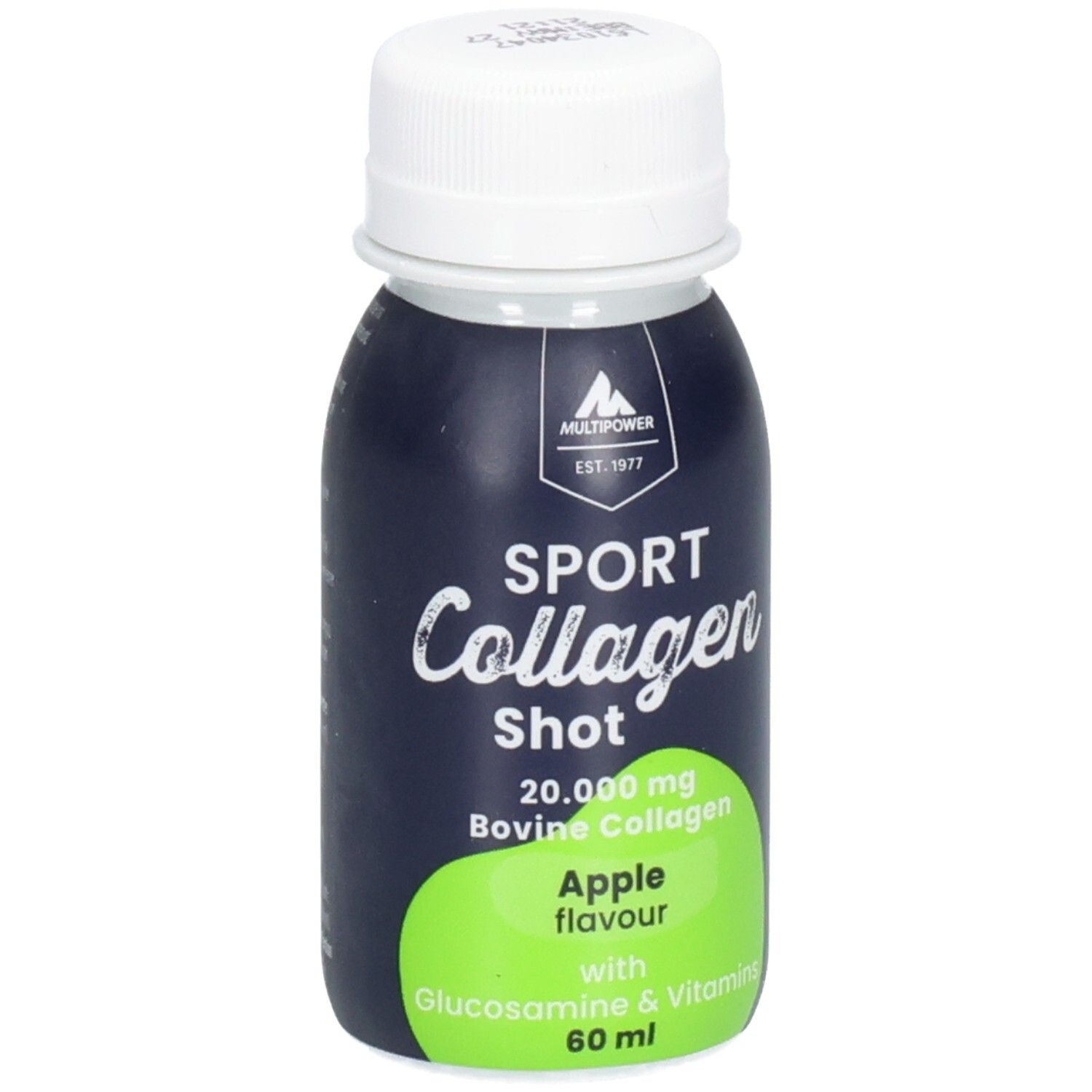Petite bouteille à bouchon blanc. Inscription : SPORT Collagen Shot, goût pomme, 60 ml. Marque : Multipower.