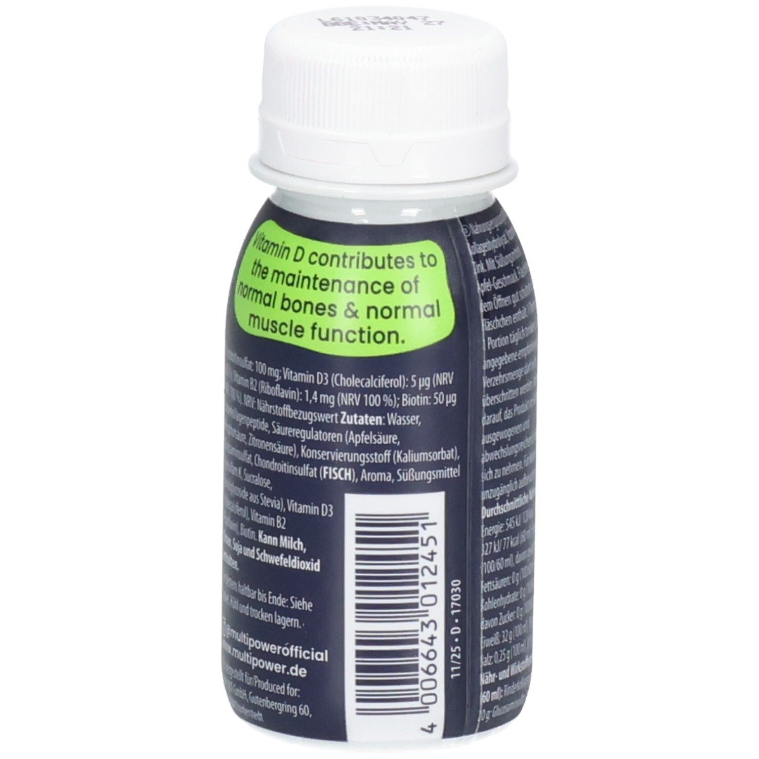 Dos de la bouteille. Texte avec ingrédients et informations. Bouchon blanc. Marque : Multipower.