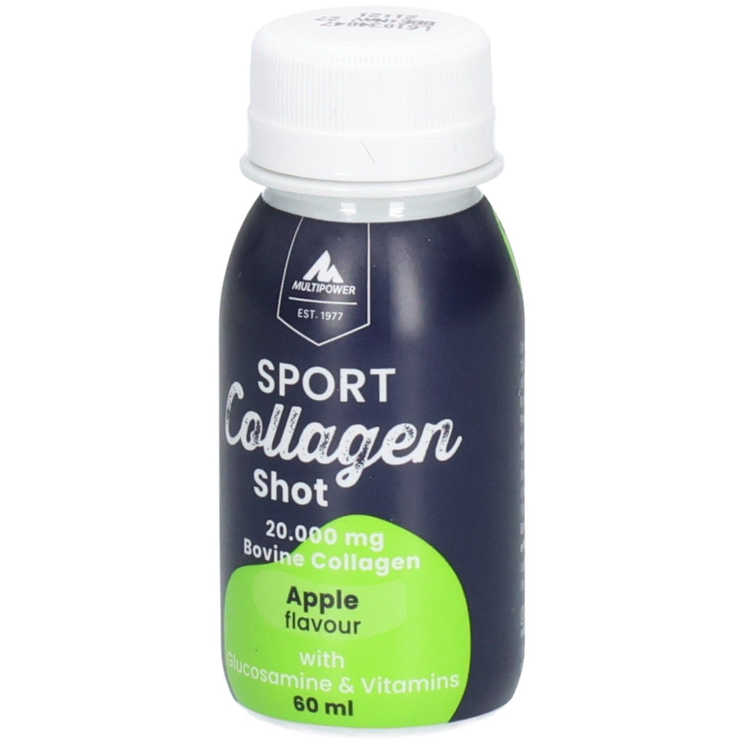 Petite bouteille à bouchon blanc. Inscription : SPORT Collagen Shot, goût pomme, 60 ml. Marque : Multipower.