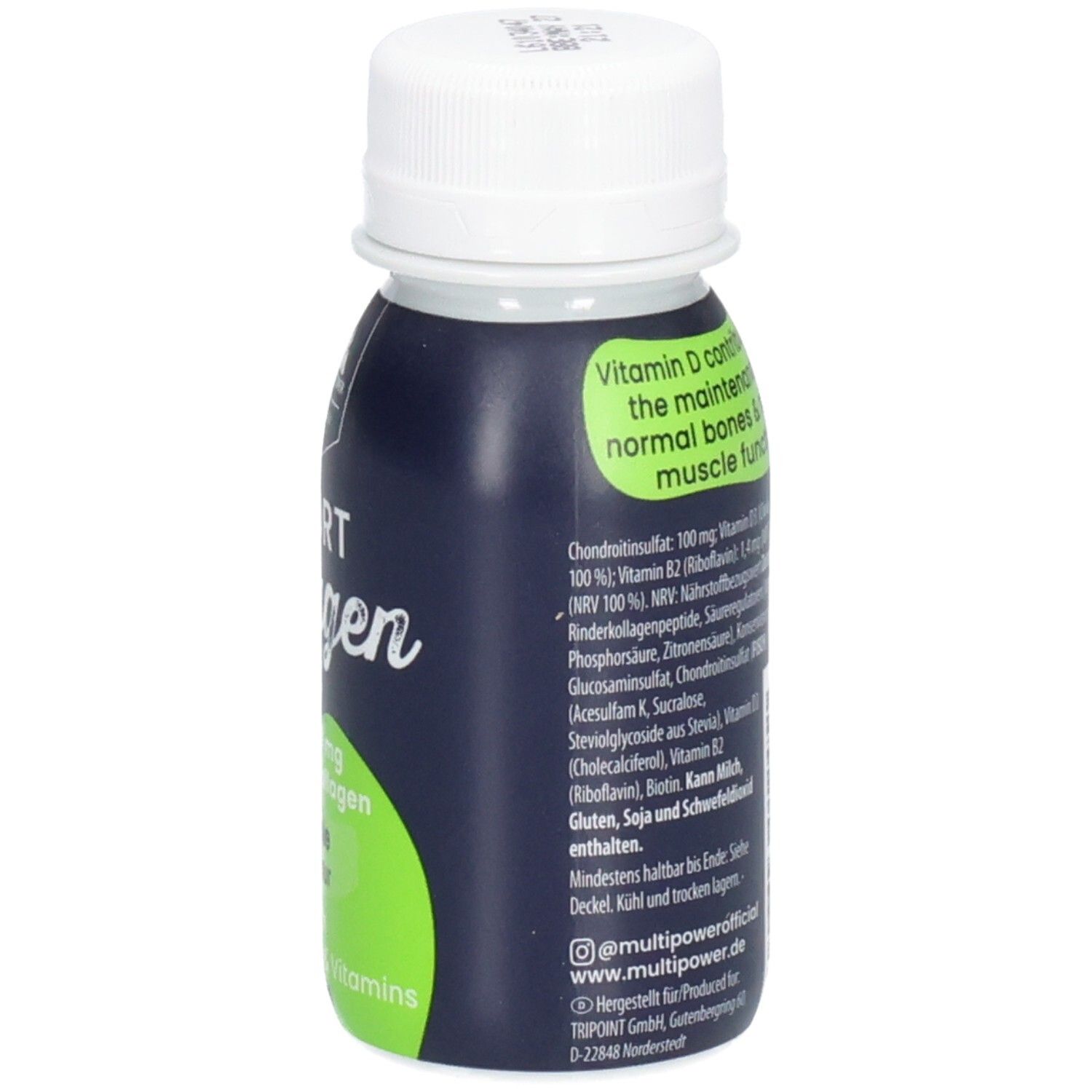 Dos de la bouteille. Texte avec ingrédients et informations. Bouchon blanc. Marque : Multipower.