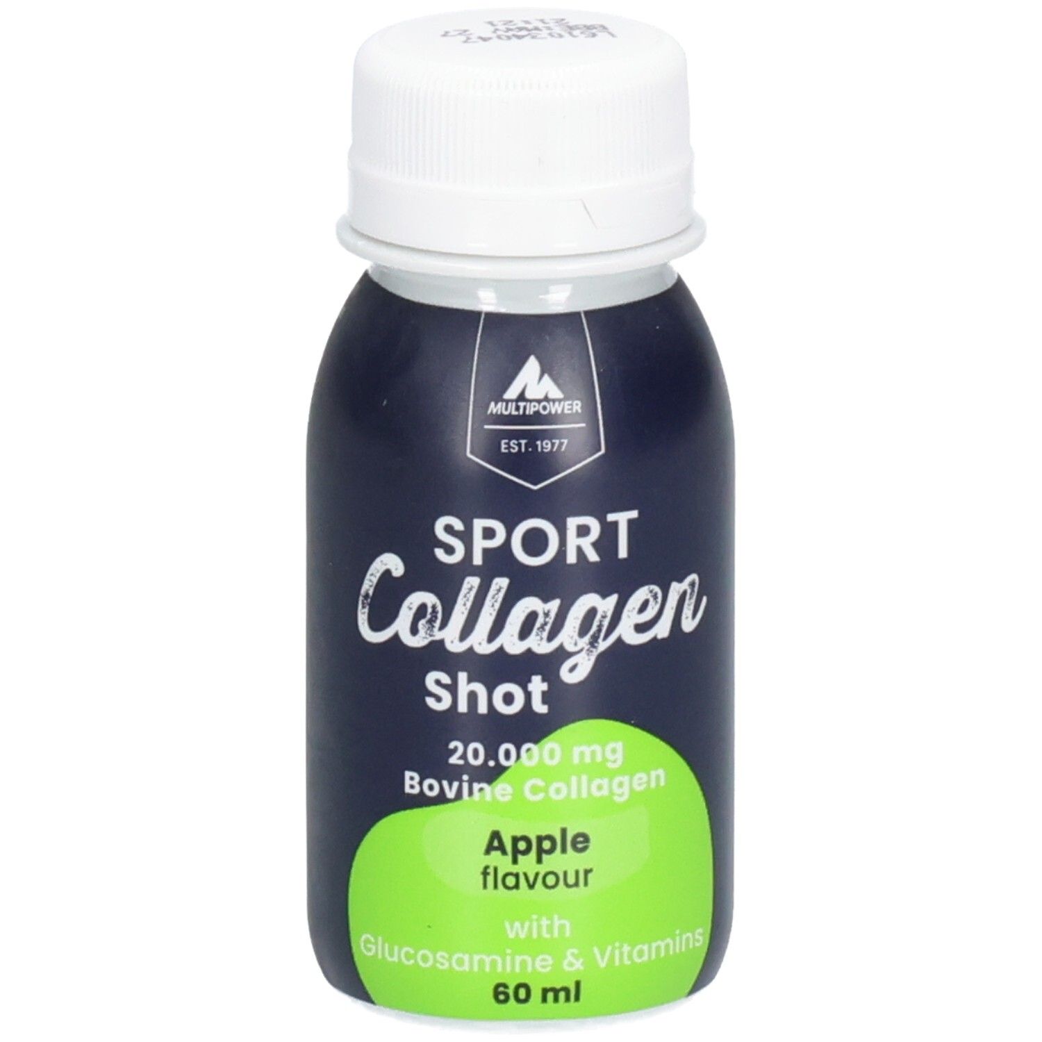 Petite bouteille à bouchon blanc. Inscription : SPORT Collagen Shot, goût pomme, 60 ml. Marque : Multipower.