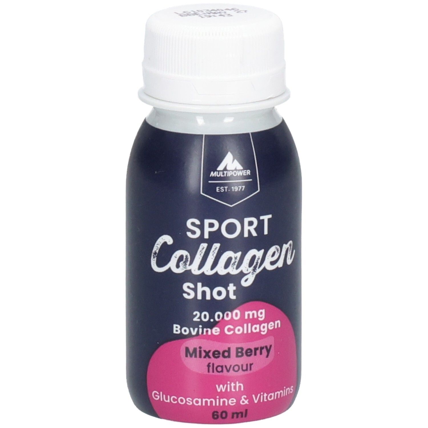 Kleine Flasche mit weißem Deckel. Aufschrift: Sport Collagen Shot, Mixed Berry, 60ml. Marke: Multipower.