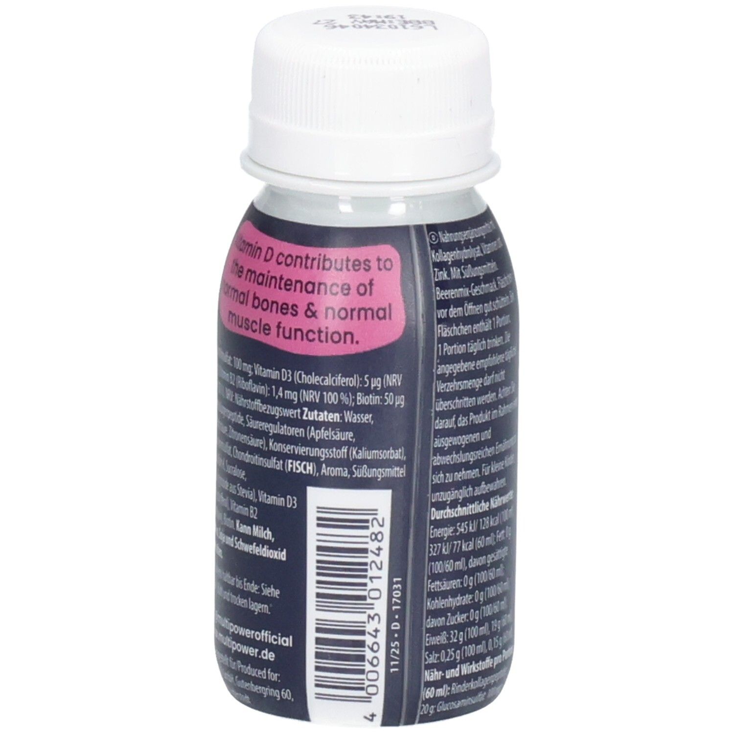 Rückseite der Flasche. Text über Vitamin D und Inhaltsstoffe. Weißer Deckel. Dunkelblauer Hintergrund.