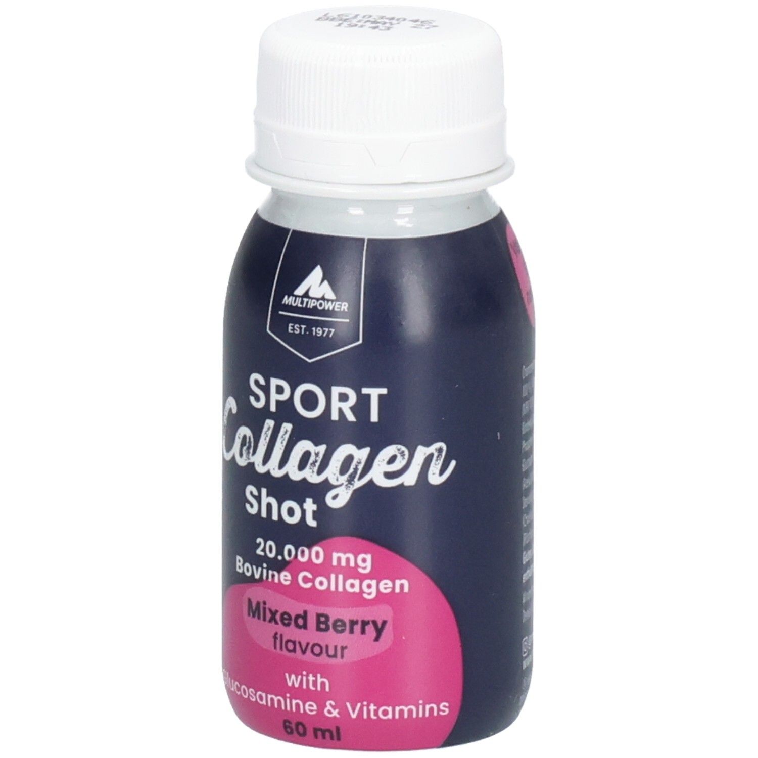 Kleine Flasche mit weißem Deckel. Aufschrift: Sport Collagen Shot, Mixed Berry, 60ml. Marke: Multipower.