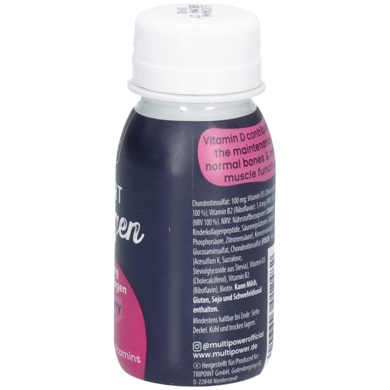 Rückseite der Flasche. Text über Vitamin D und Inhaltsstoffe. Weißer Deckel. Dunkelblauer Hintergrund.