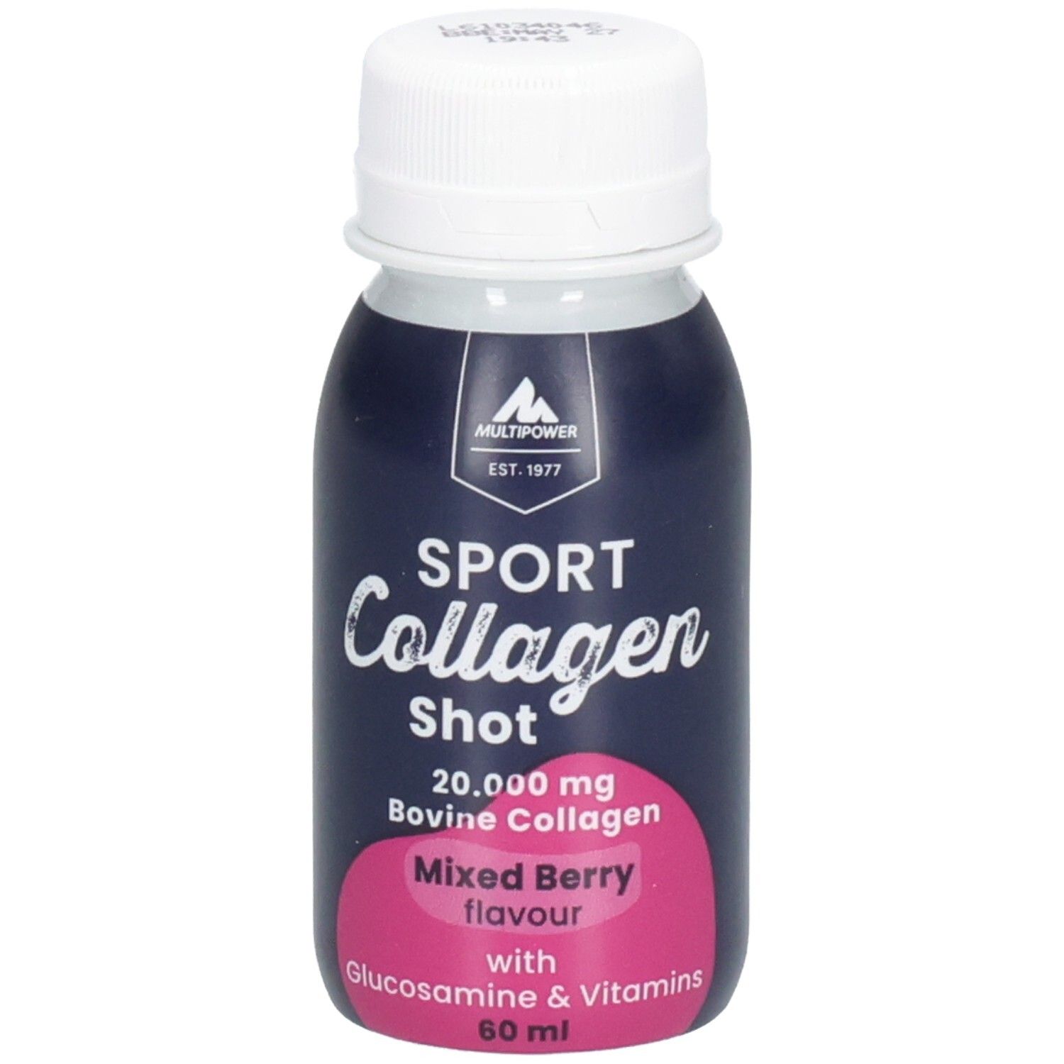 Kleine Flasche mit weißem Deckel. Aufschrift: Sport Collagen Shot, Mixed Berry, 60ml. Marke: Multipower.