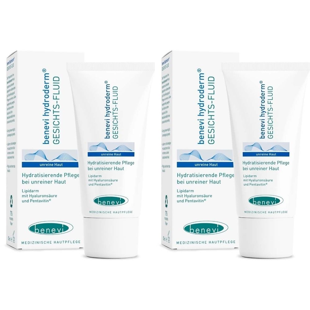Deux tubes et deux boîtes. Inscription: benevi hydroderm GESICHTS-FLUID. Texte: Hydratation pour peaux impures.