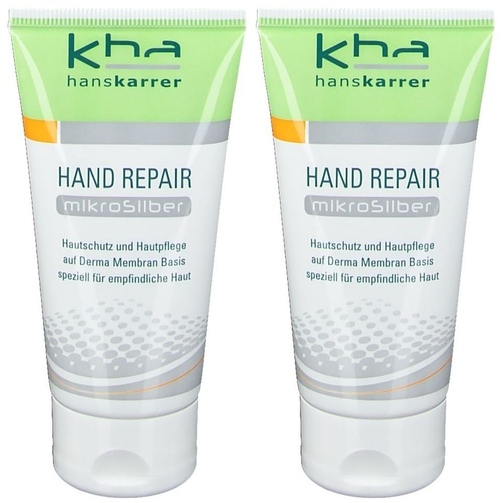 Zwei Tuben Handcreme. Aufschrift: kha hanskarrer, HAND REPAIR mikroSilber. Text: Hautschutz und Hautpflege auf Derma Membran Basis speziell für empfindliche Haut.