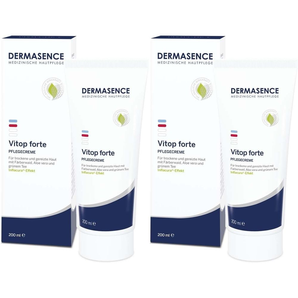 Plusieurs tubes et boîtes de DERMASENCE Vitop forte Pflegecreme. Tubes blancs avec texte bleu et boîtes.