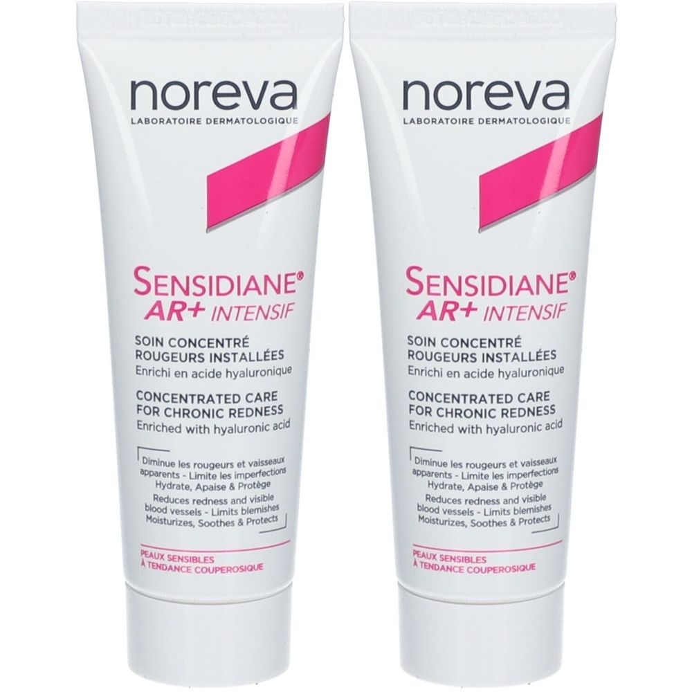 Zwei Tuben Noreva Sensidiane AR+ Intensiv Konzentrat. Weiße Tuben mit rosa Akzenten und Produktbezeichnungen in mehreren Sprachen.