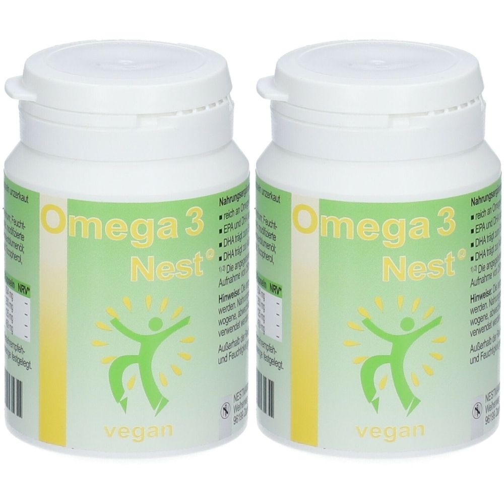 Deux flacons blancs avec couvercles. L'étiquette indique "Omega 3 Nest" et "vegan".