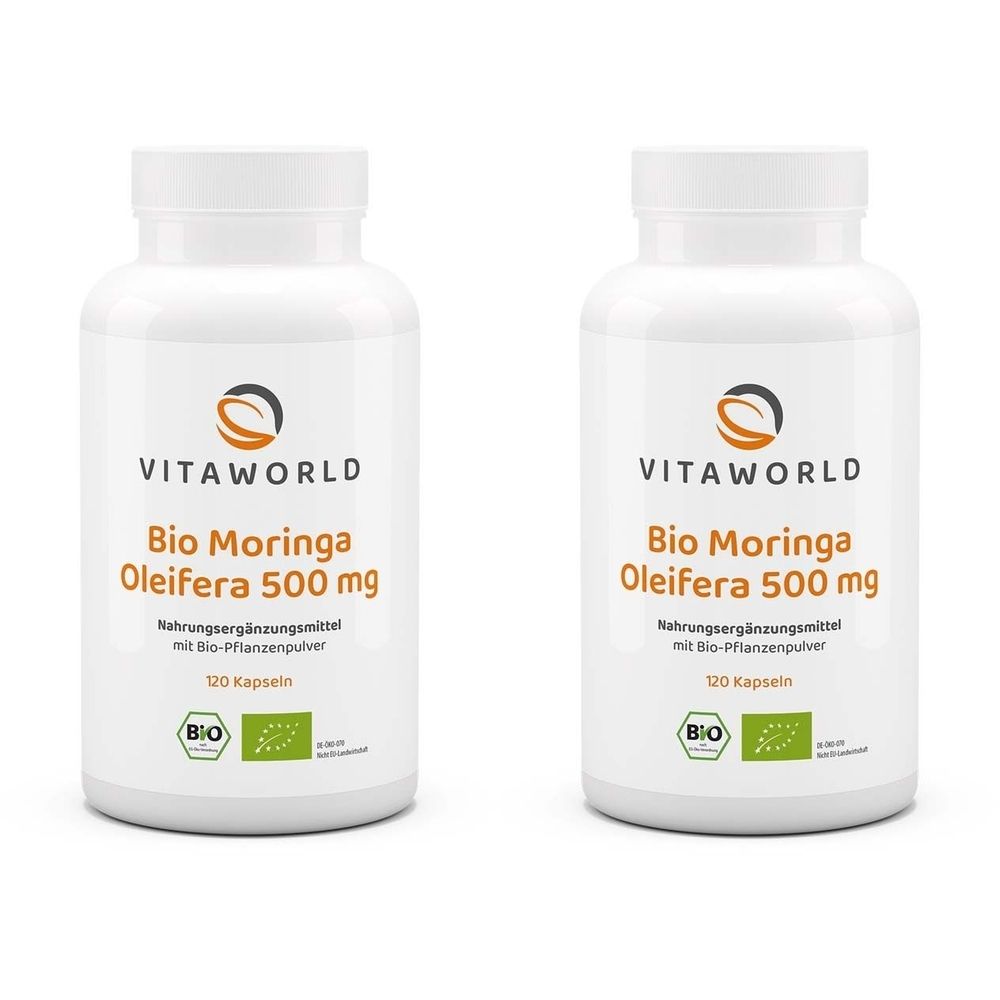 Deux flacons blancs avec étiquettes. Inscription : Bio Moringa Oleifera 500 mg, 120 gélules. Marque : VITAWORLD. Label bio.