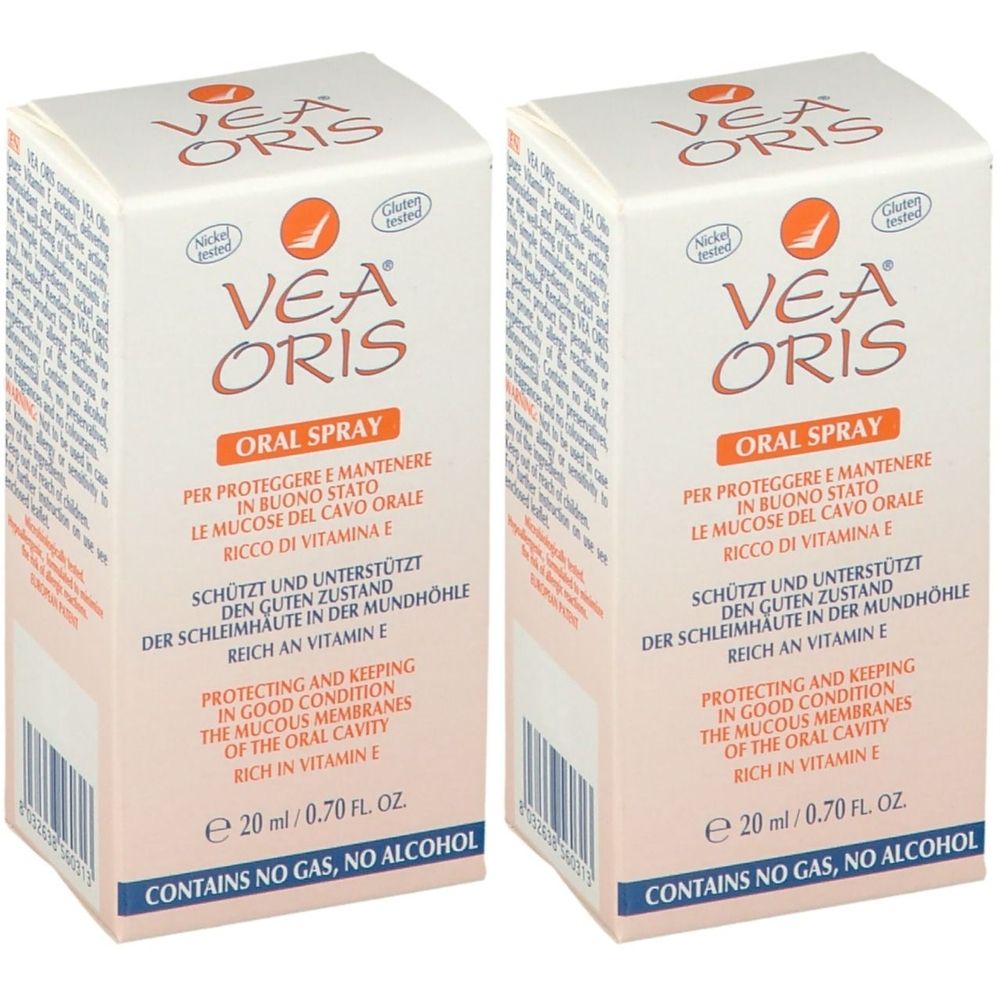 Deux boîtes blanches avec impression du produit. Inscription : VEA ORIS, Oral Spray. Contient de la vitamine E. Testé sans gluten et nickel.