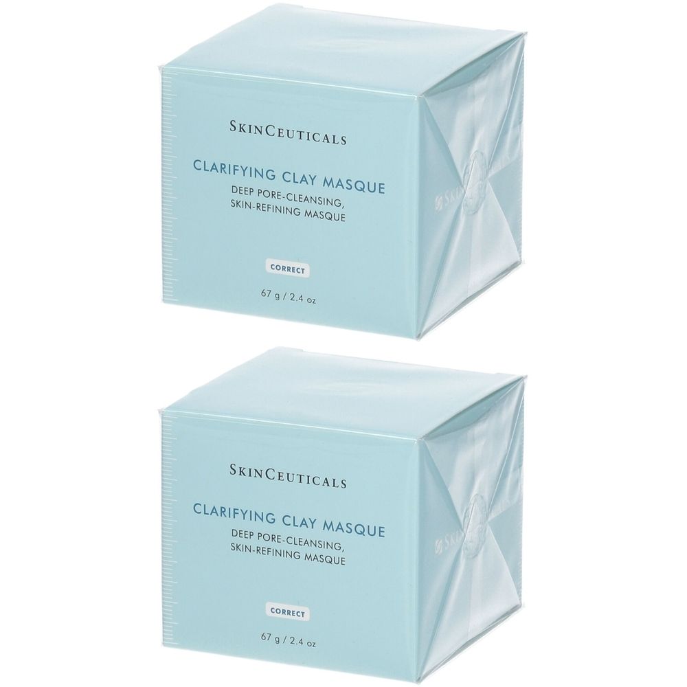 Zwei quadratische, hellblaue Kartons. Aufschrift: SkinCeuticals Clarifying Clay Masque. Tiefenreinigung, hautverfeinernde Maske. 67g/2.4 oz.