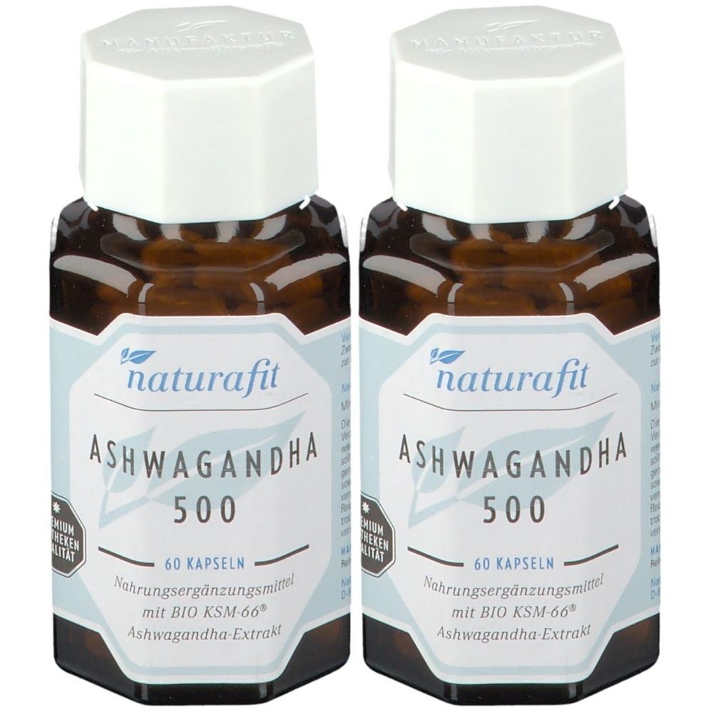 Zwei Flaschen naturafit Ashwagandha 500. Braune Glasflaschen mit weißen Deckeln und Etiketten mit Produktinformationen.