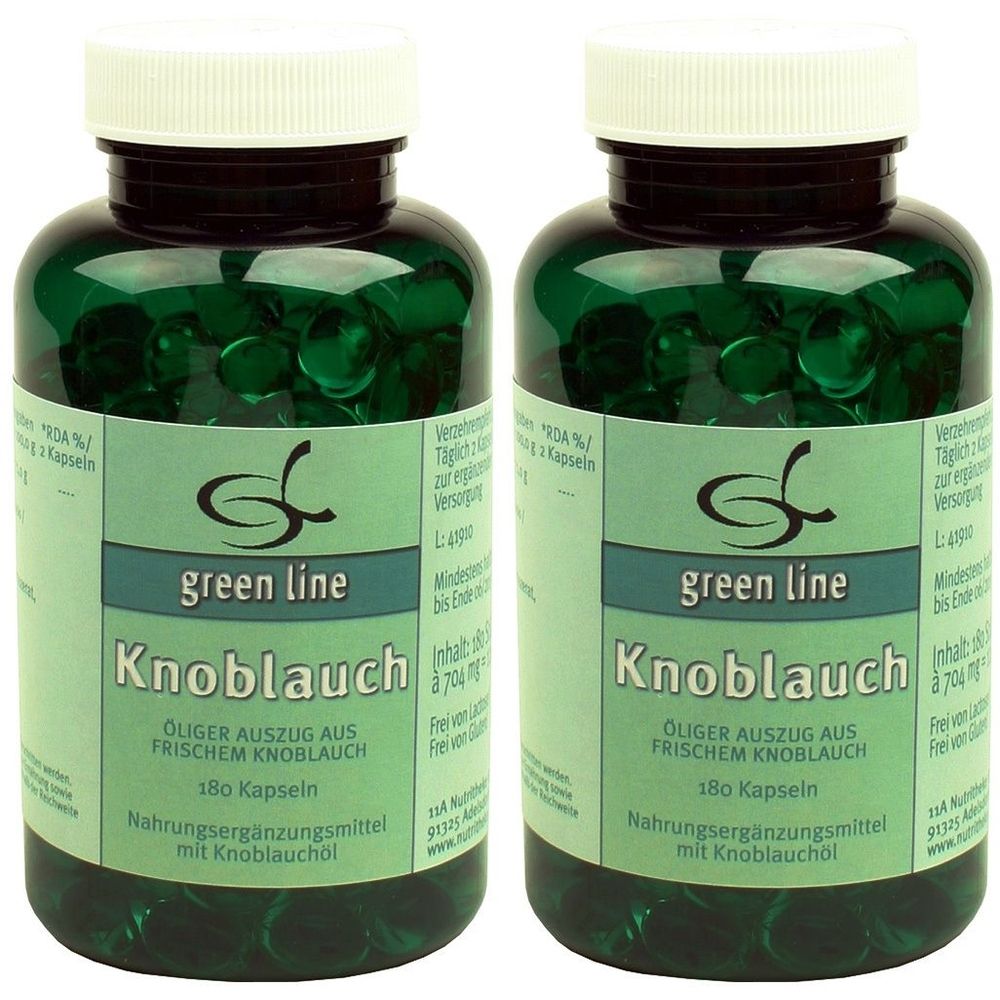 Deux flacons verts avec des gélules vertes. L'étiquette indique "green line Knoblauch".