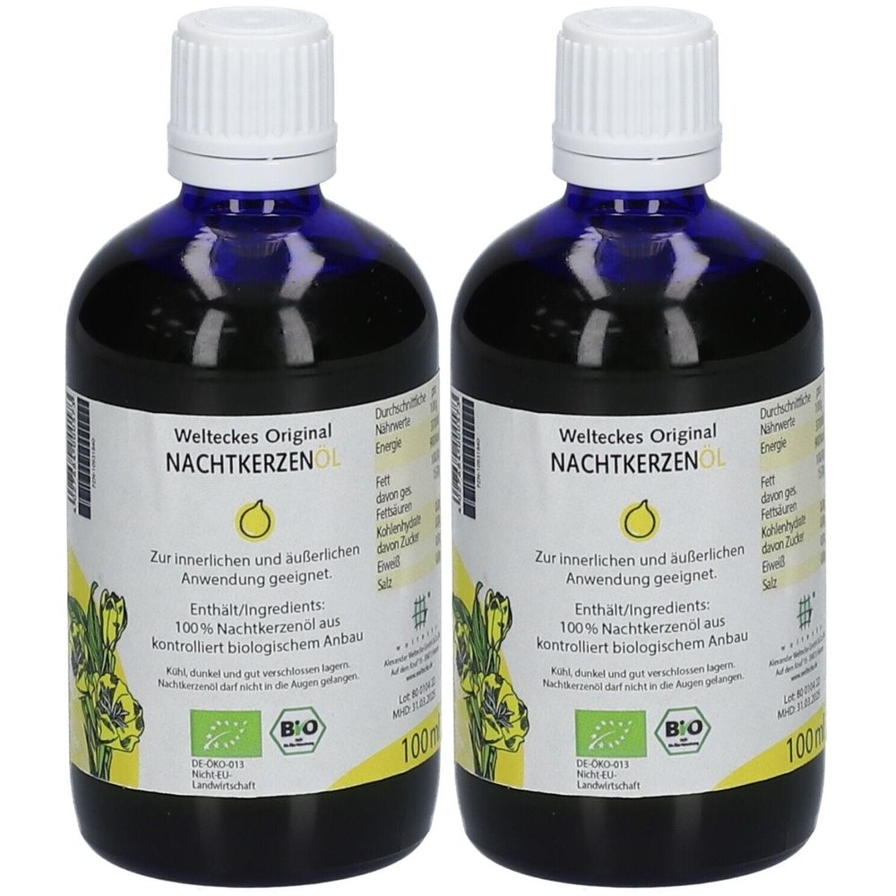 Deux flacons d'huile d'onagre Welteckes Original. Flacons en verre bleu avec bouchon blanc et étiquette. Certification BIO.