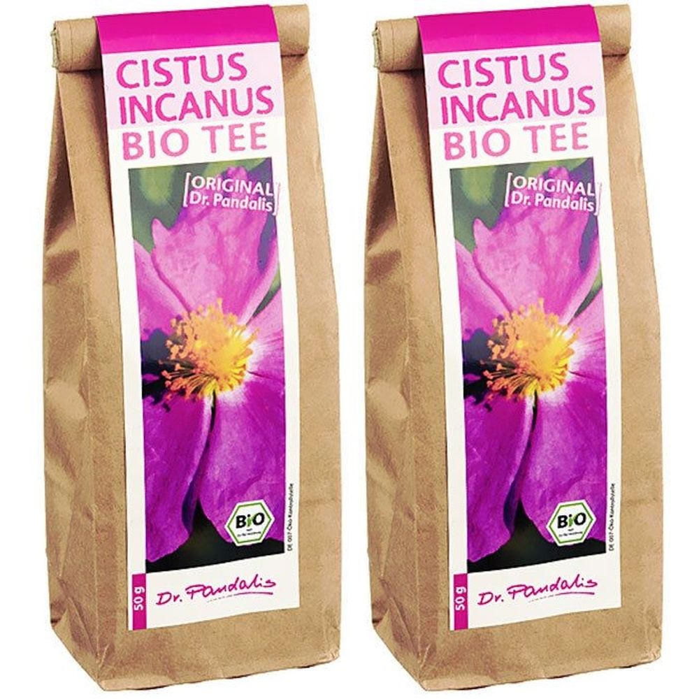 Deux sachets de Cistus Incanus Bio Tee. Impression avec fleur, label bio et texte. Emballage en papier brun avec étiquette rose.
