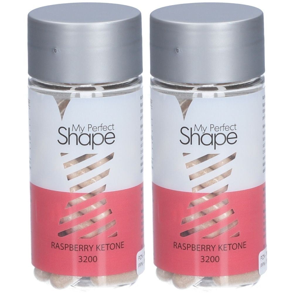 Zwei Flaschen mit Kapseln. Aufschrift: My Perfect Shape, Himbeer-Keton 3200. Transparente Flaschen mit silbernem Deckel und rosa Etikett.