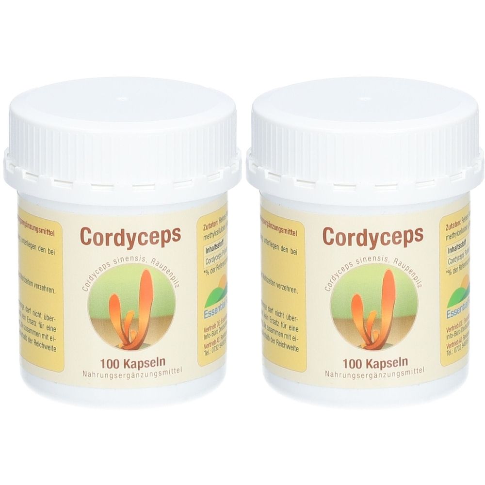 Deux pots en plastique blanc avec bouchons à vis. Inscription "Cordyceps" et "100 gélules". Illustration de Cordyceps sinensis.
