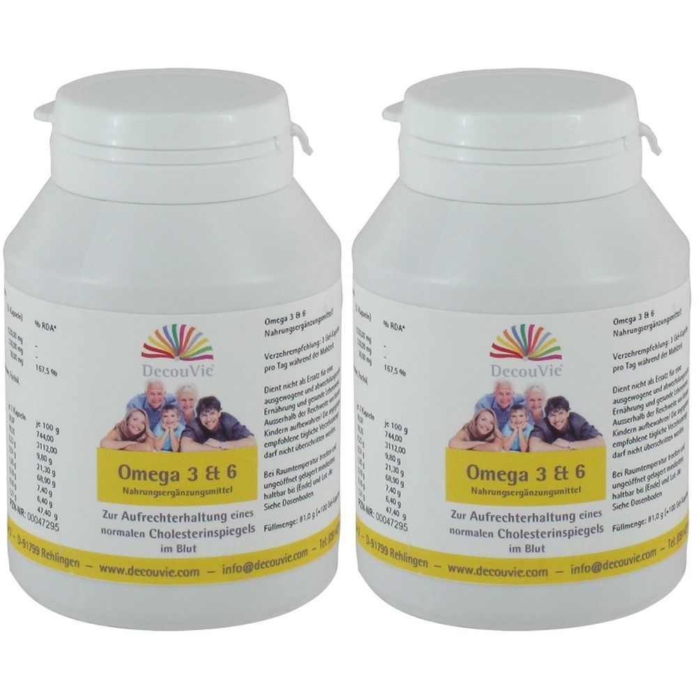 Deux flacons blancs avec bouchon à vis. Étiquettes avec nom du produit Omega 3 & 6 et photo de famille. Marque DecouVie.