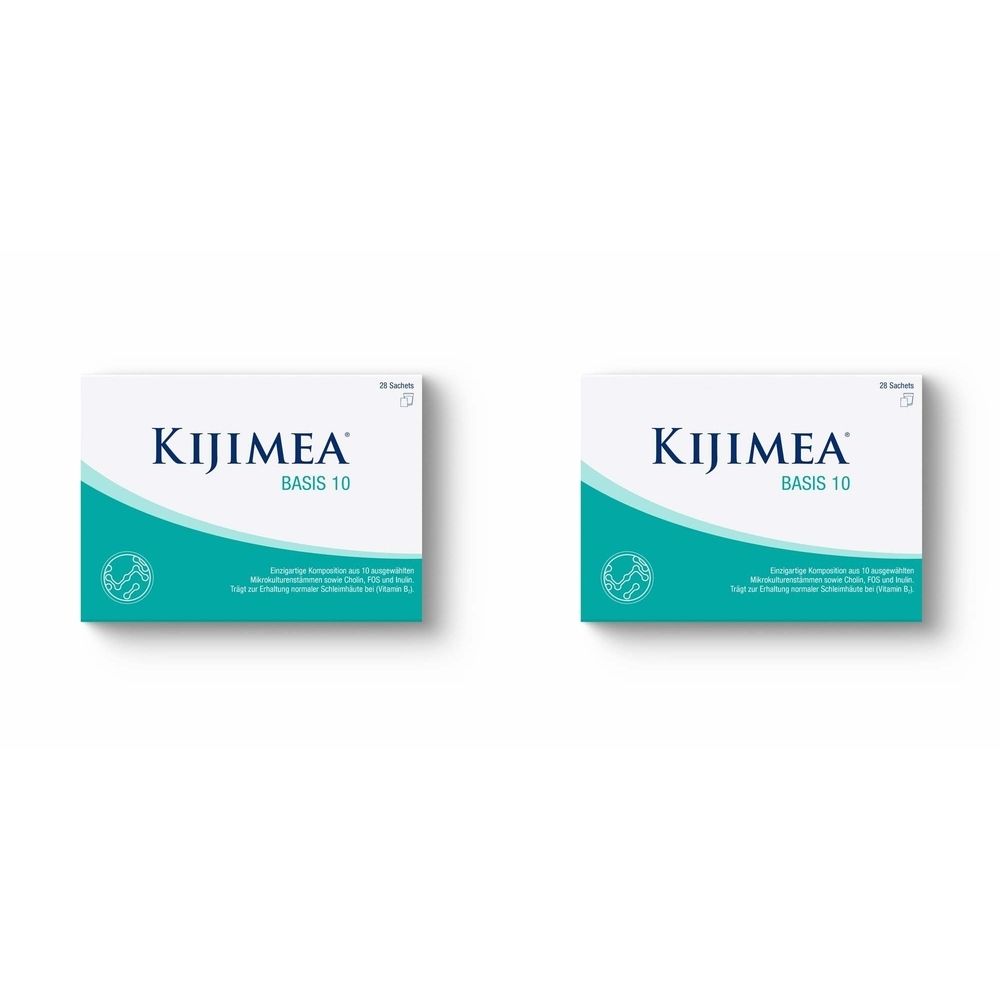 Deux boîtes blanches avec l'inscription Kijimea Basis 10. Forme d'onde turquoise et logo sur le devant.