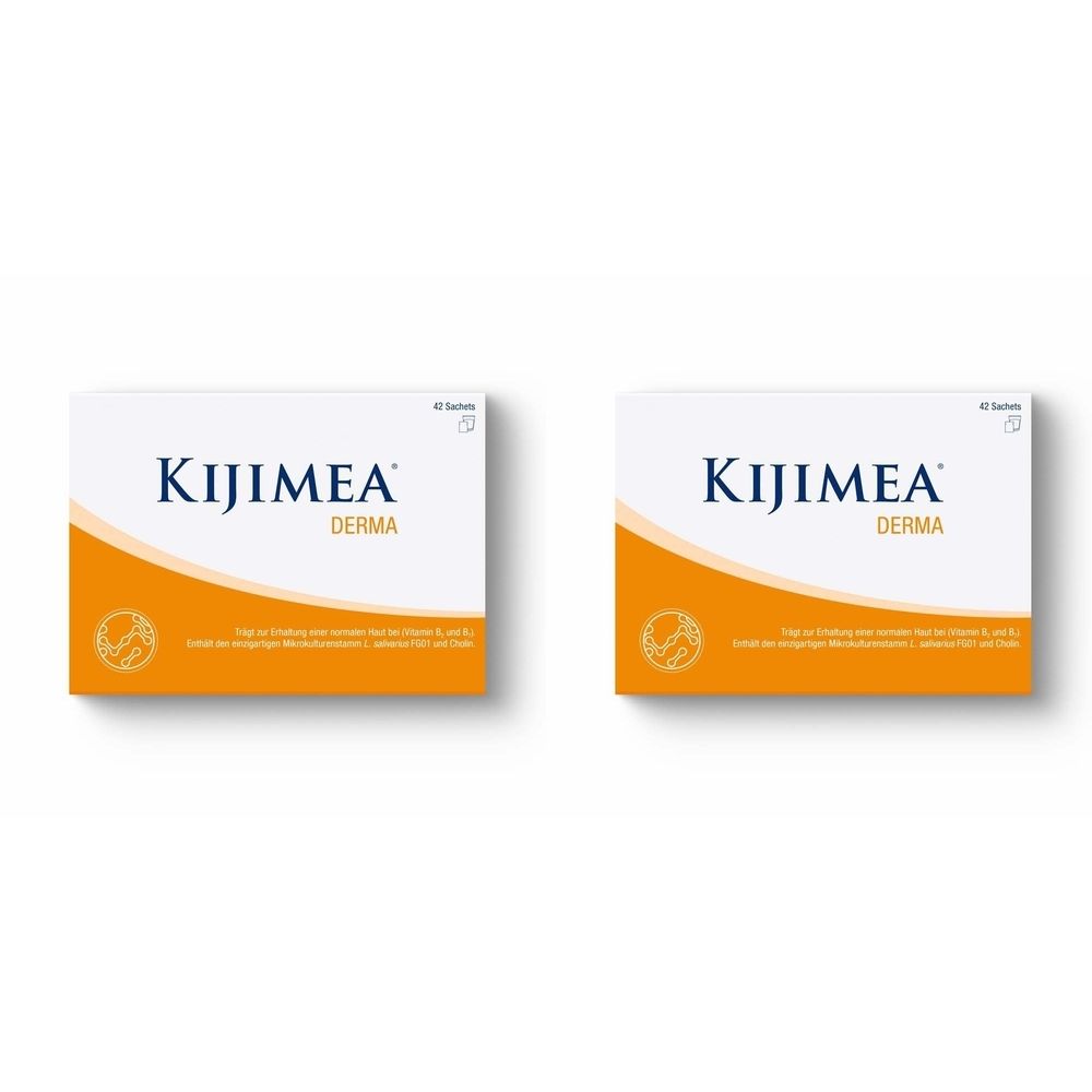 Deux boîtes rectangulaires. Inscription : KIJIMEA DERMA. Arc orange sur fond blanc. 42 sachets. Logo en bas à gauche.