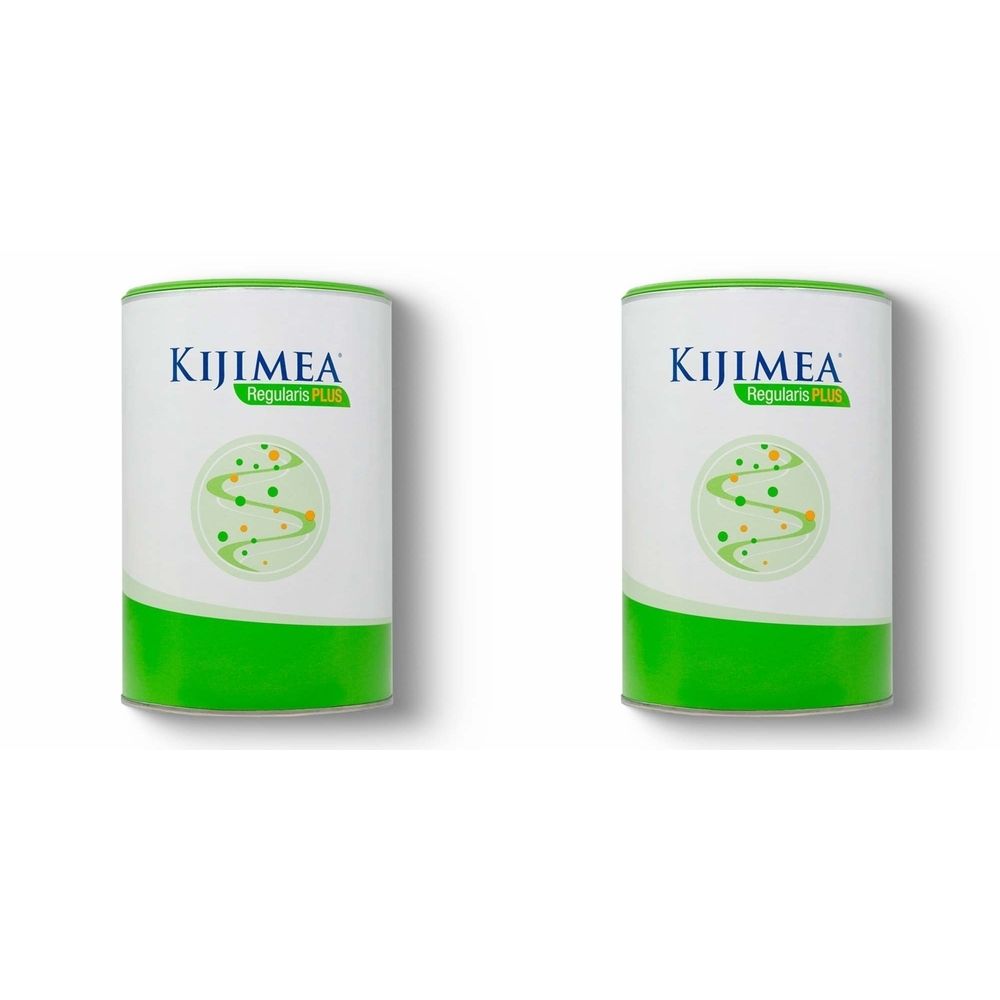 Deux boîtes cylindriques. Inscription : KIJIMEA Regularis Plus. Blanc, vert et vert clair. Illustration avec des points verts.