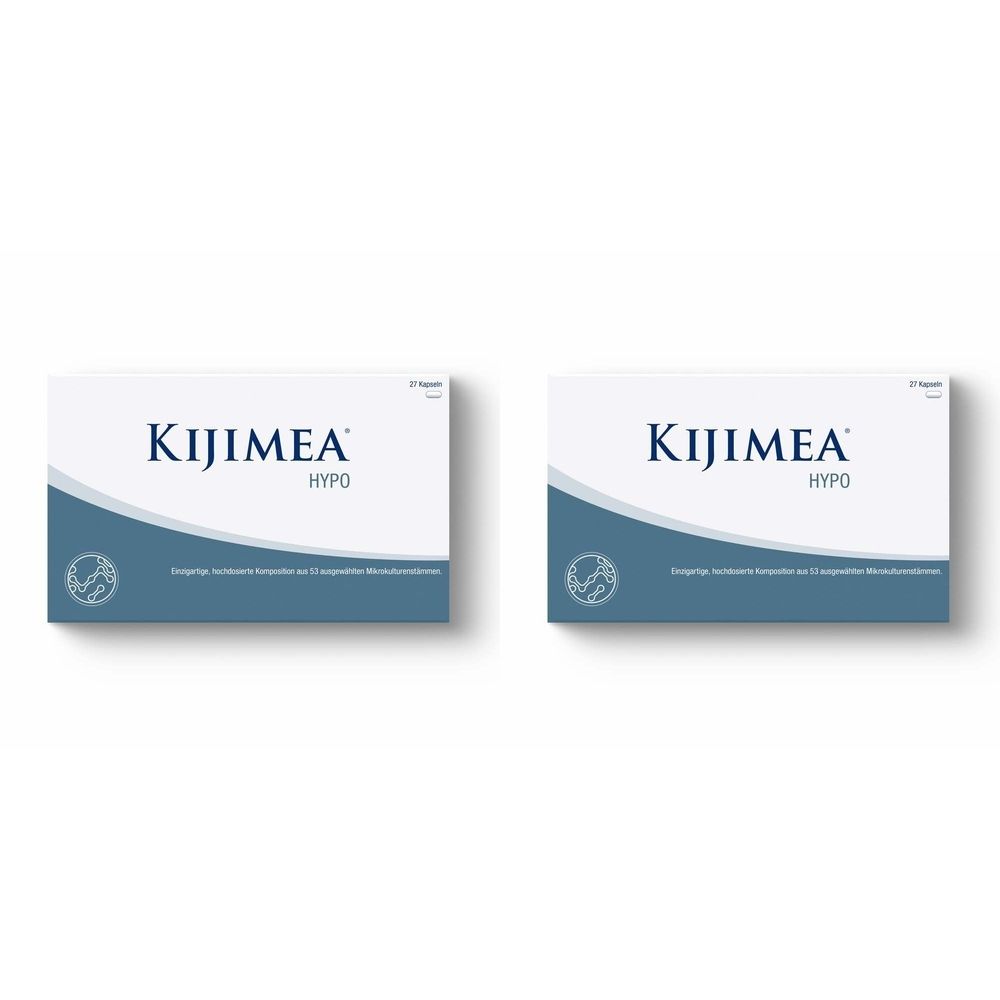Zwei rechteckige Schachteln. Aufschrift: Kijimea Hypo. Weißer Hintergrund mit blauem Wellenmuster und Logo.