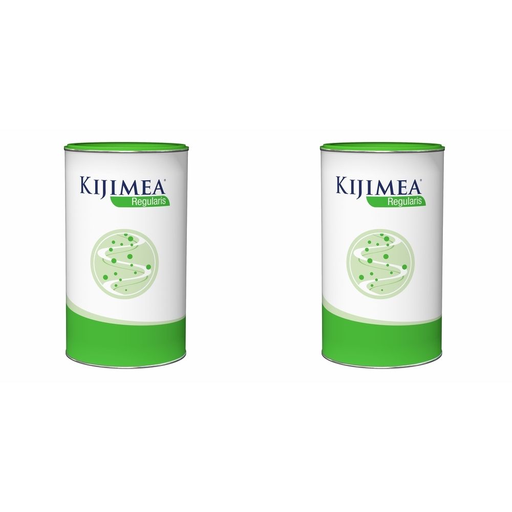 Zwei zylindrische Dosen mit grünem Deckel und Boden. Aufschrift Kijimea Regularis. Abbildung mit grünen Punkten.