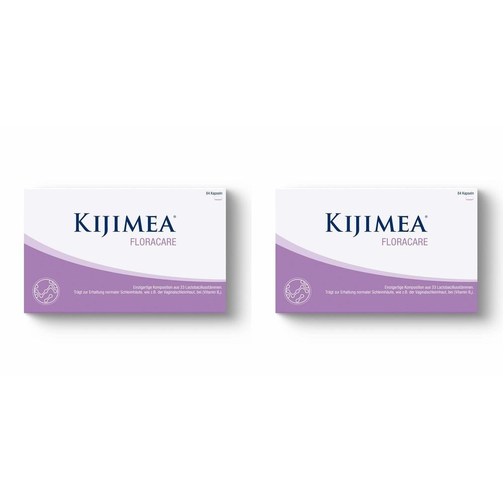 Deux boîtes rectangulaires Kijimea FloraCare. Palette de couleurs violet et blanc. Logo avec motif floral.