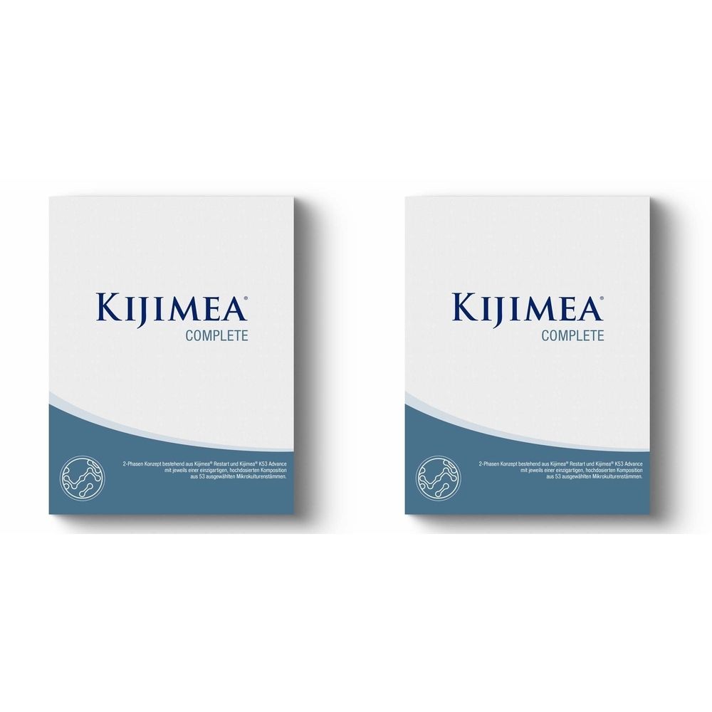 Deux boîtes blanches avec un motif de vagues bleues et l'inscription "KIJIMEA COMPLETE".