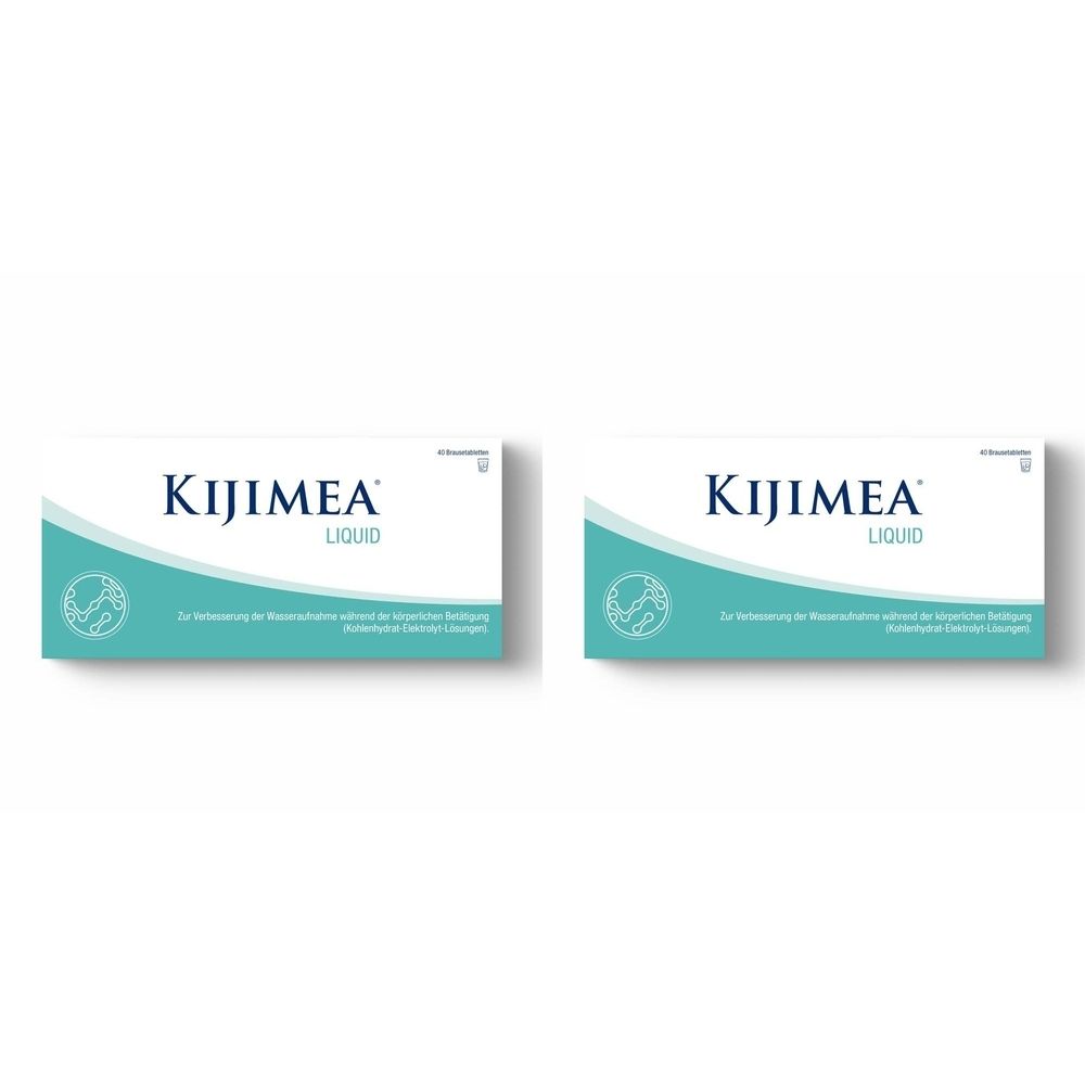 Zwei rechteckige Packungen mit der Aufschrift KIJIMEA LIQUID. Weißes Design mit blauem Wellenmuster und Logo.