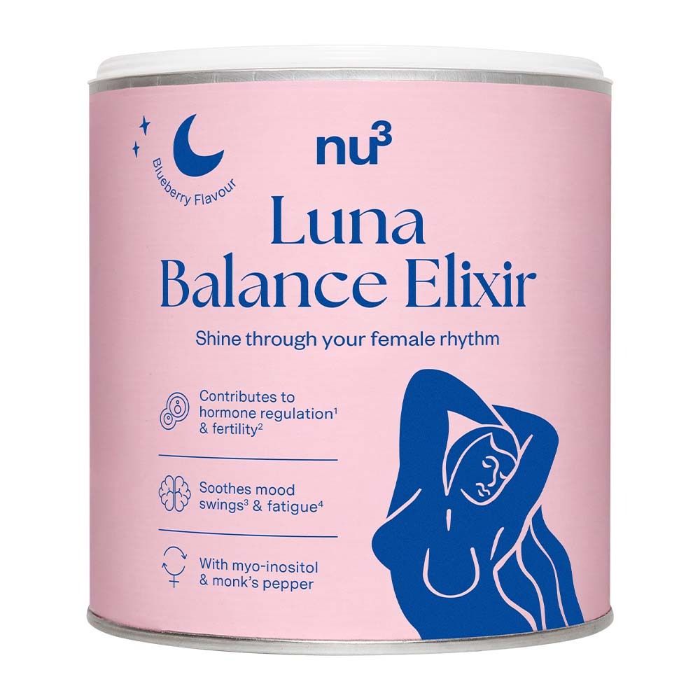 Boîte rose avec couvercle blanc. Inscription: nu3 Luna Balance Elixir. Contient des informations sur la régulation hormonale et les sautes d'humeur.