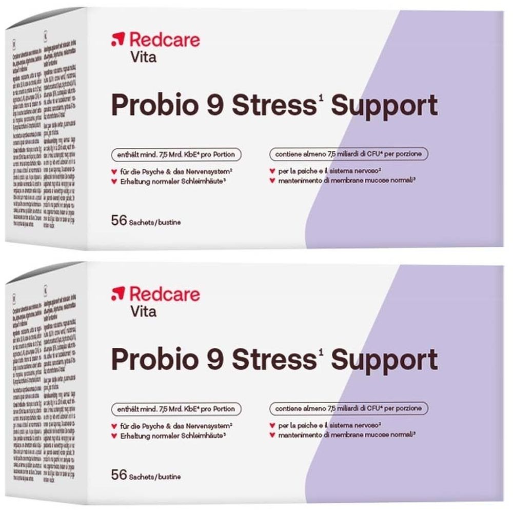 Deux boîtes de Redcare Vita Probio 9 Stress Support. Boîtes blanches avec nom du produit et informations. 56 sachets.