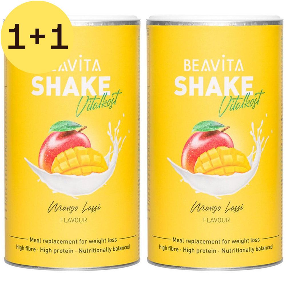 Deux boîtes jaunes BEAVITA Shake Vitalkost, Mango Lassi, avec impression 1+1. Illustration de mangue, texte. "Meal replacement for weight loss".