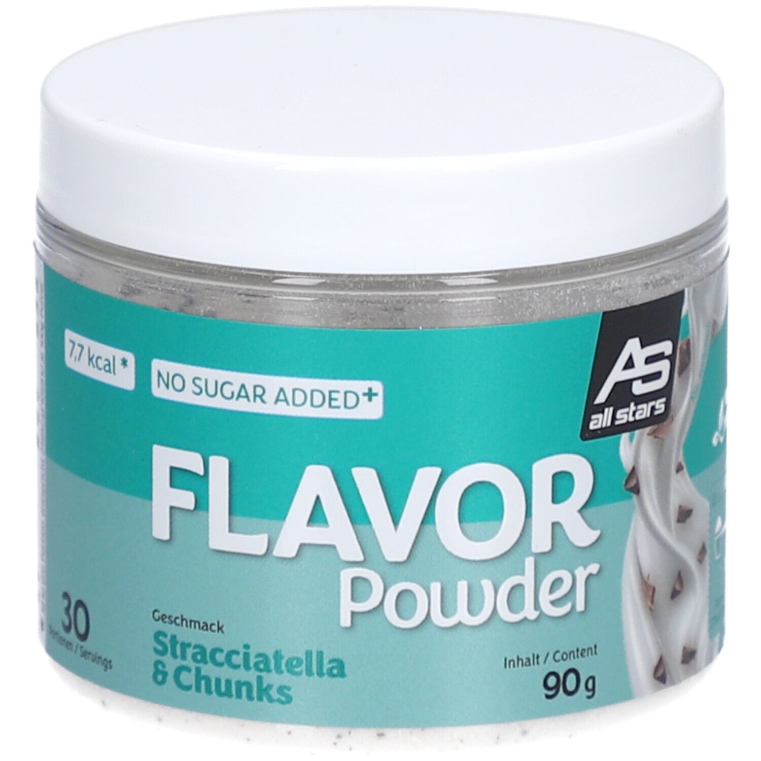Runde Dose mit weißem Deckel. Aufschrift: Flavor Powder Stracciatella & Chunks. Marke: All Stars. Inhalt: 90g. Mit 'No Sugar Added'.