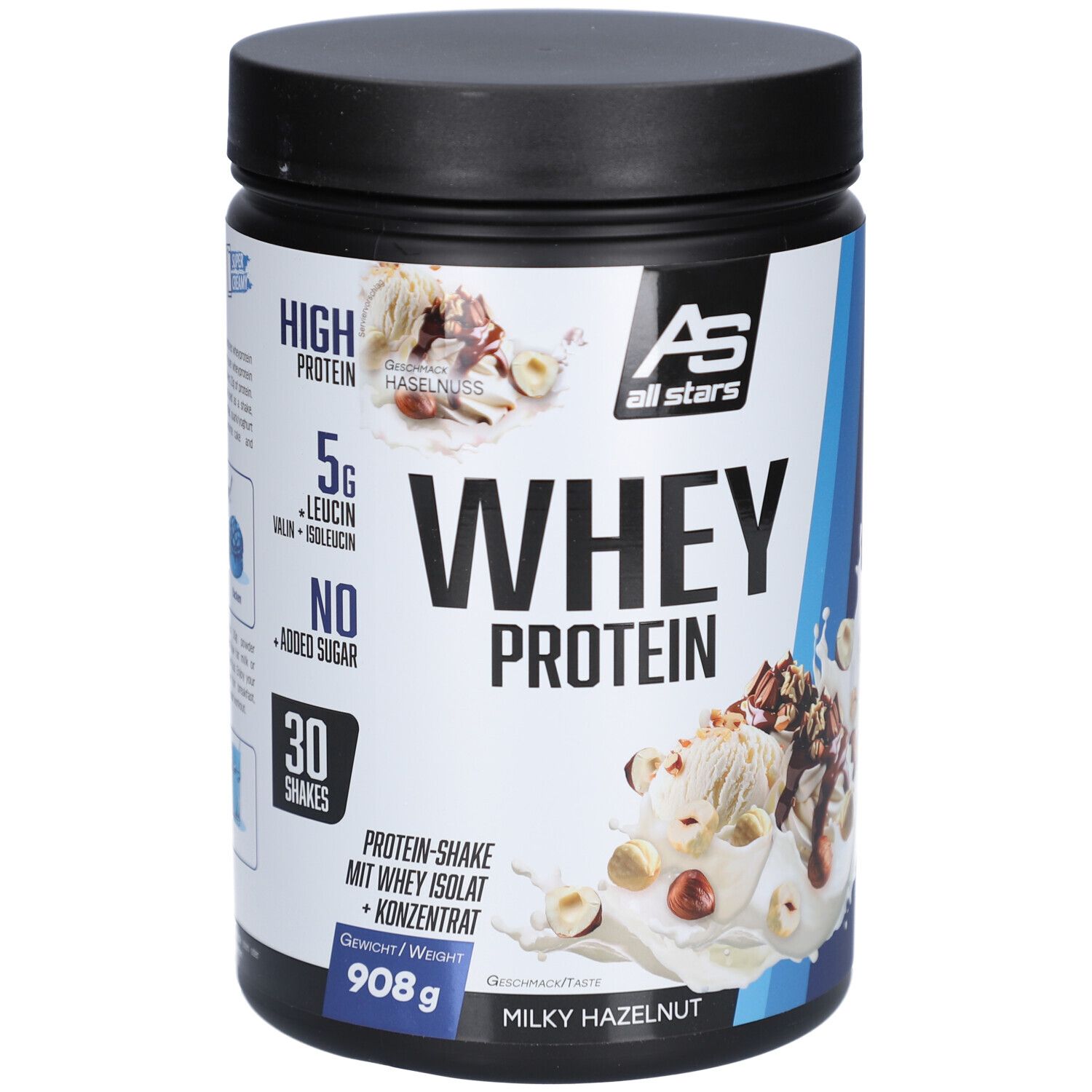 Schwarze Dose mit "WHEY PROTEIN"-Aufdruck. "Milky Hazelnut" und "908g" sind sichtbar. "all stars" Logo oben.