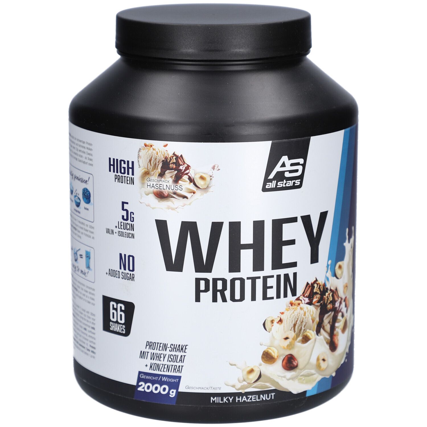 Schwarzer Behälter mit Deckel. Aufschrift "WHEY PROTEIN" und "Milky Hazelnut". Enthält 2000g. Marke: All Stars.