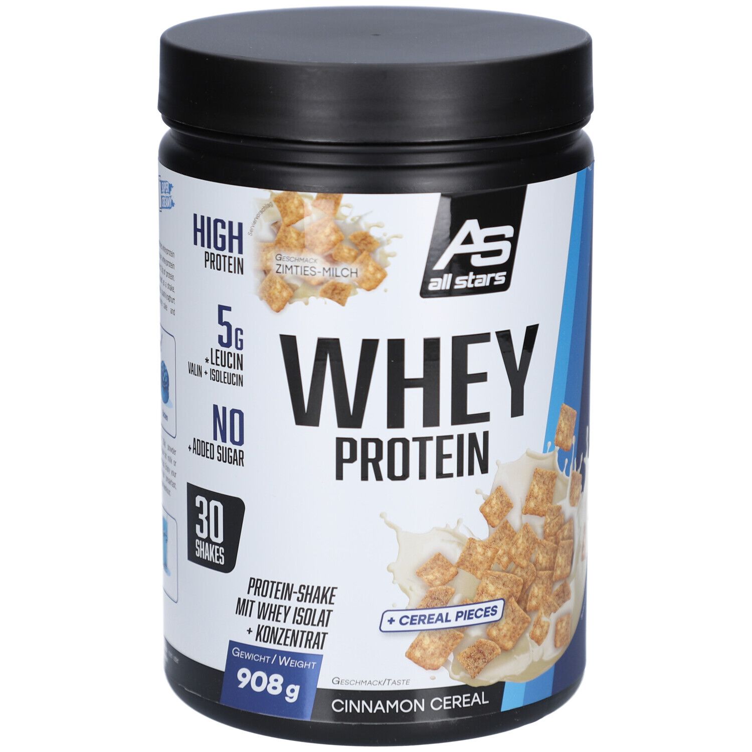 Schwarzer Behälter mit „WHEY PROTEIN“ Aufschrift. Enthält Zimt-Cerealien. Marke „all stars“. 908g Dose.