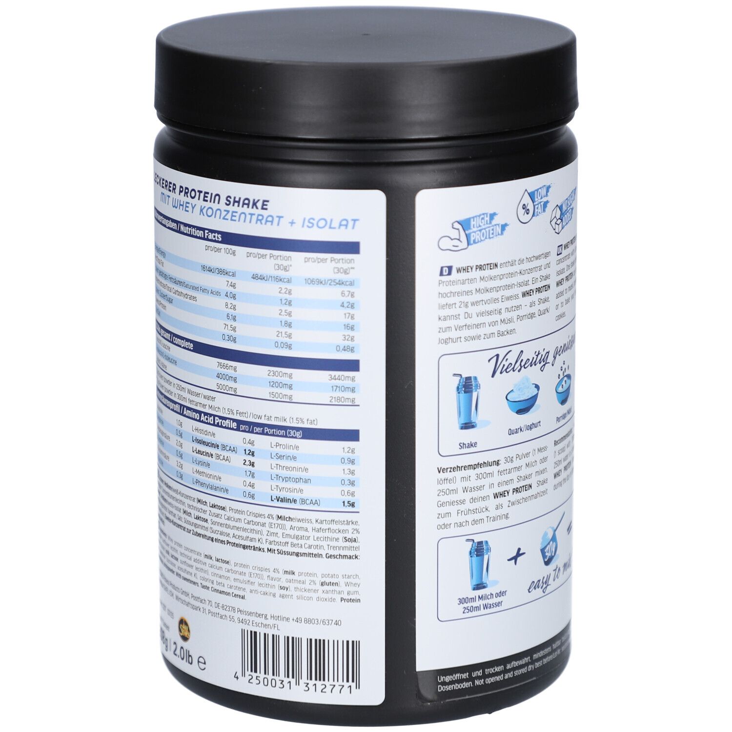 Rückseite des schwarzen Behälters. Nährwertangaben und Aminosäureprofil. 2.0lb Dose.