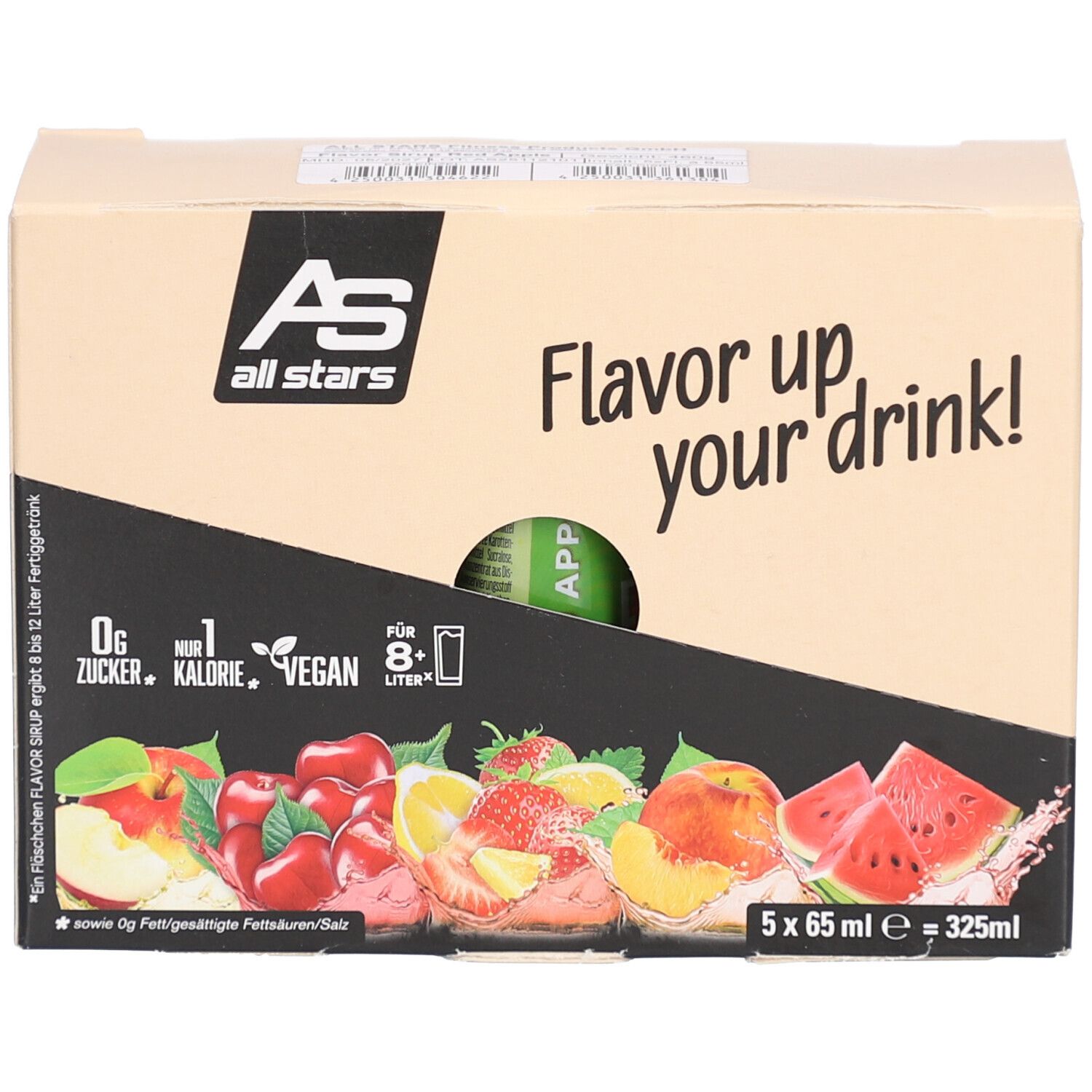 Karton mit Fläschchen. Aufschrift: Flavor up your drink! 5x65 ml. Abbildung von Früchten. Aufschrift: 0g Zucker, 1 Kalorie, Vegan.