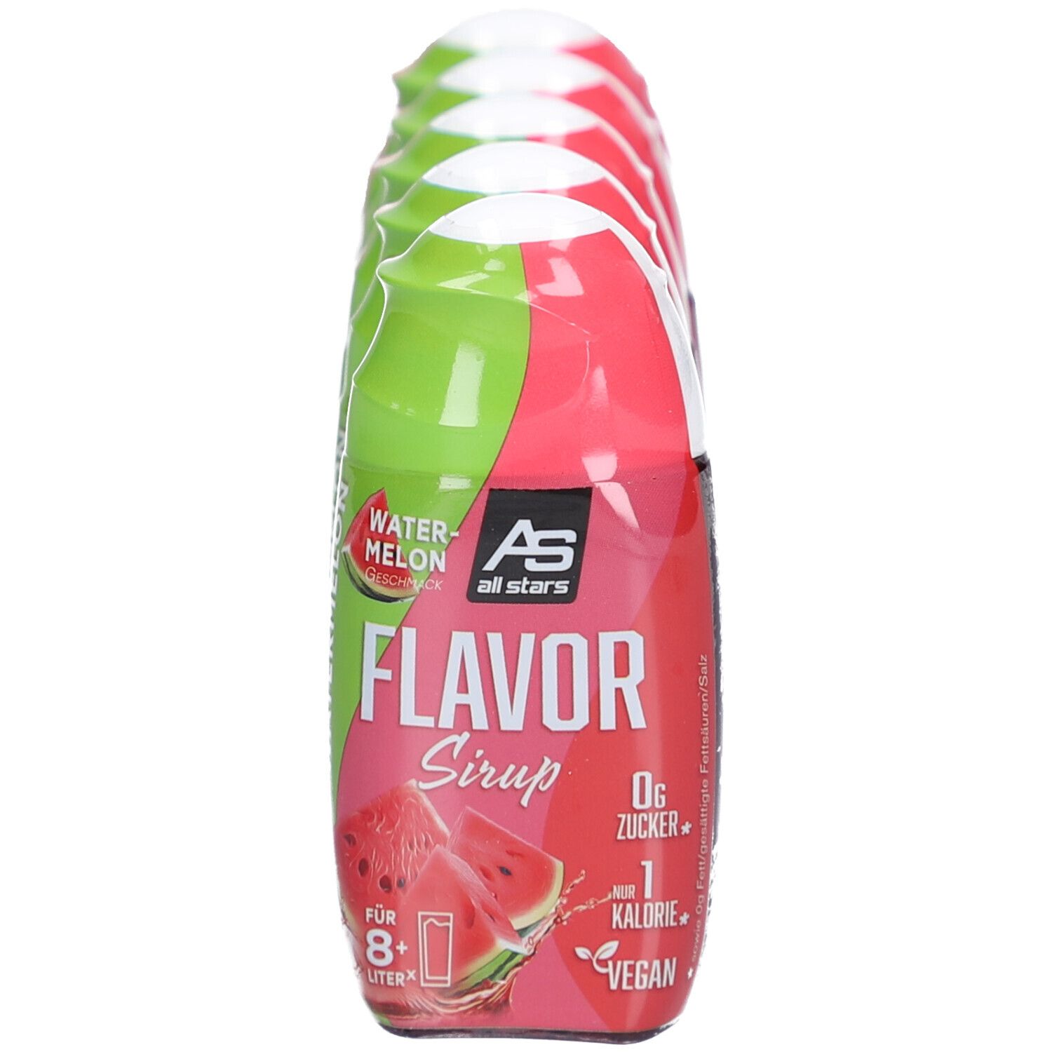 Paquet de 5 bouteilles de sirop Flavor Watermelon. Bouteilles vertes et rouges avec informations et logo.