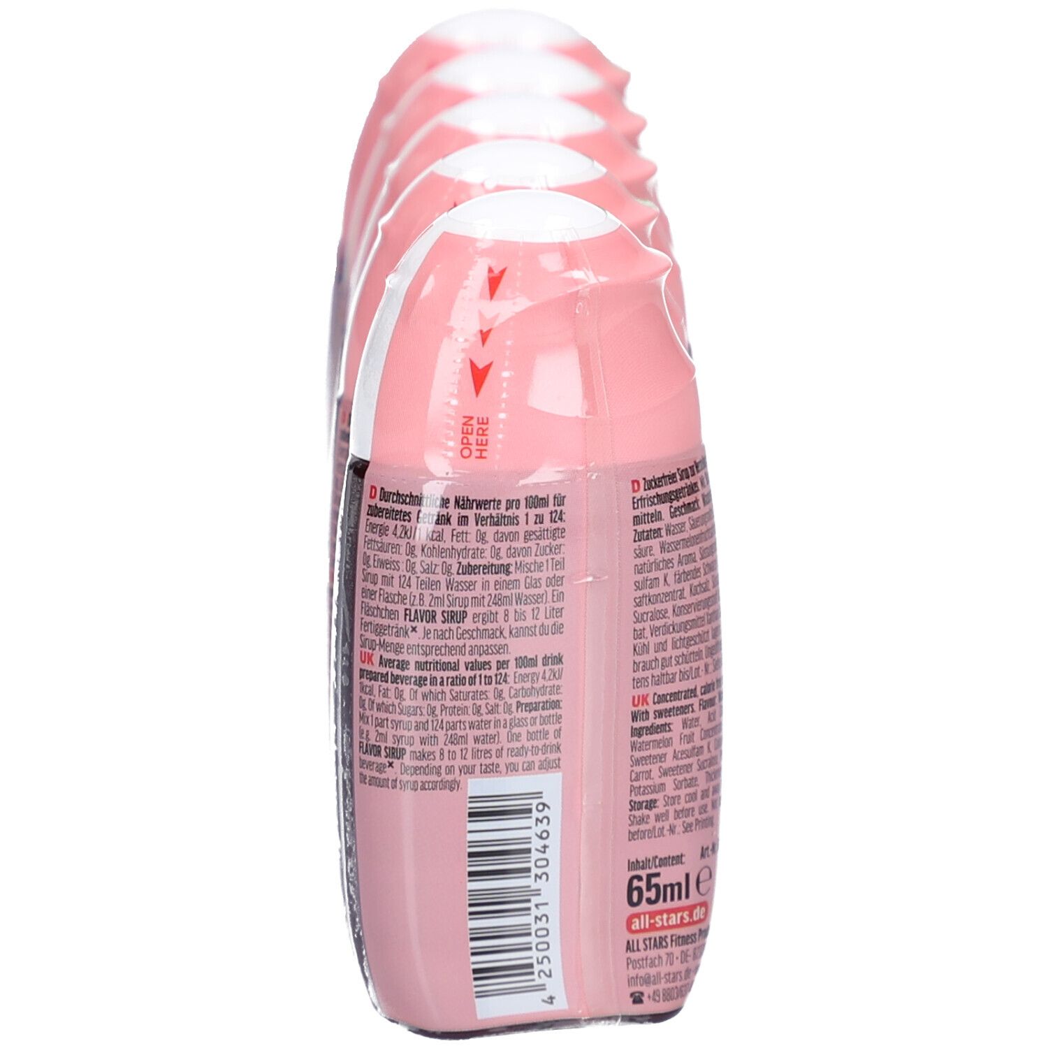 5 bouteilles de sirop Flavor dans un emballage plastique. Bouteilles roses avec informations et indication d'ouverture.