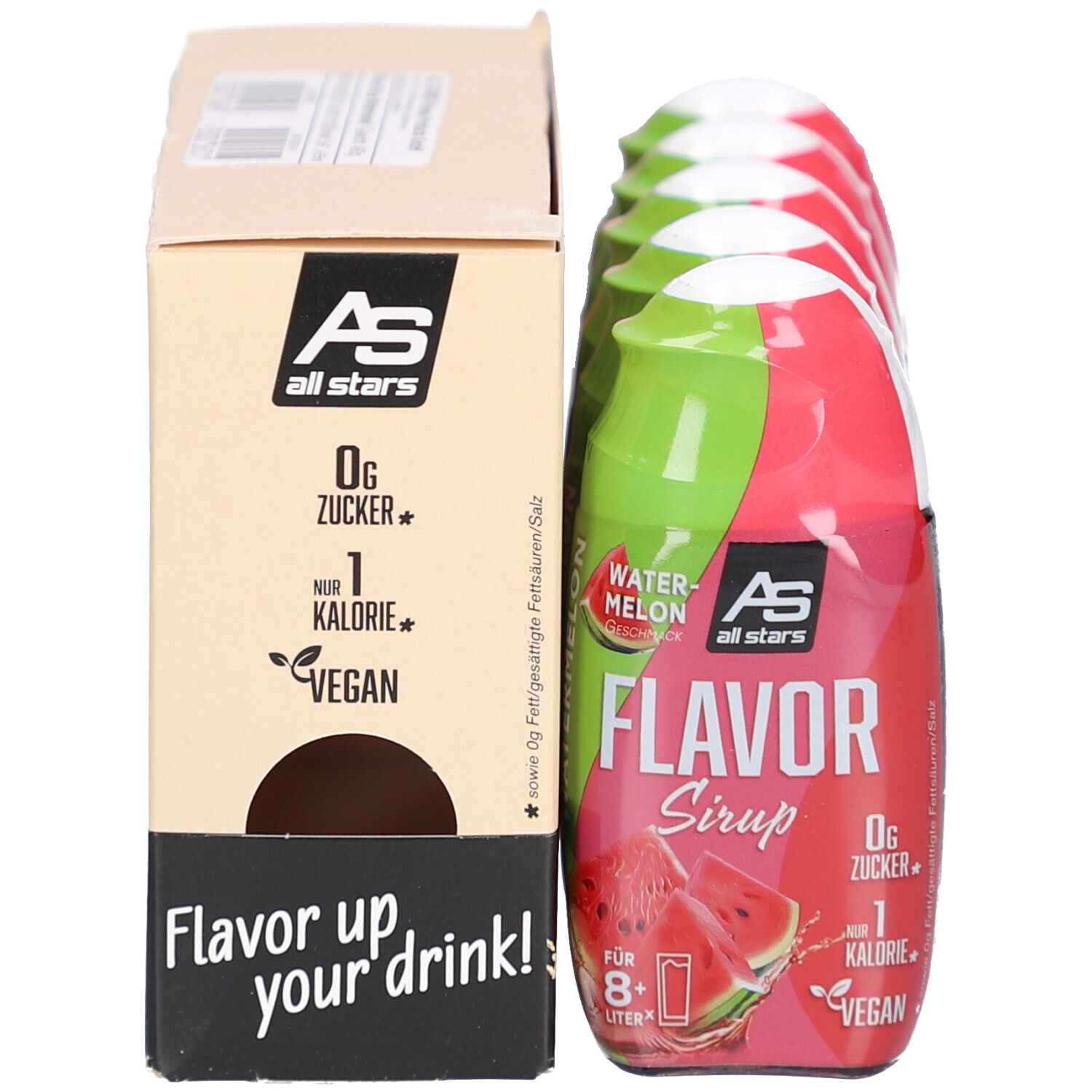 Emballage produit avec 5 bouteilles de sirop Flavor Watermelon. Carton avec logo, informations et bouteilles.