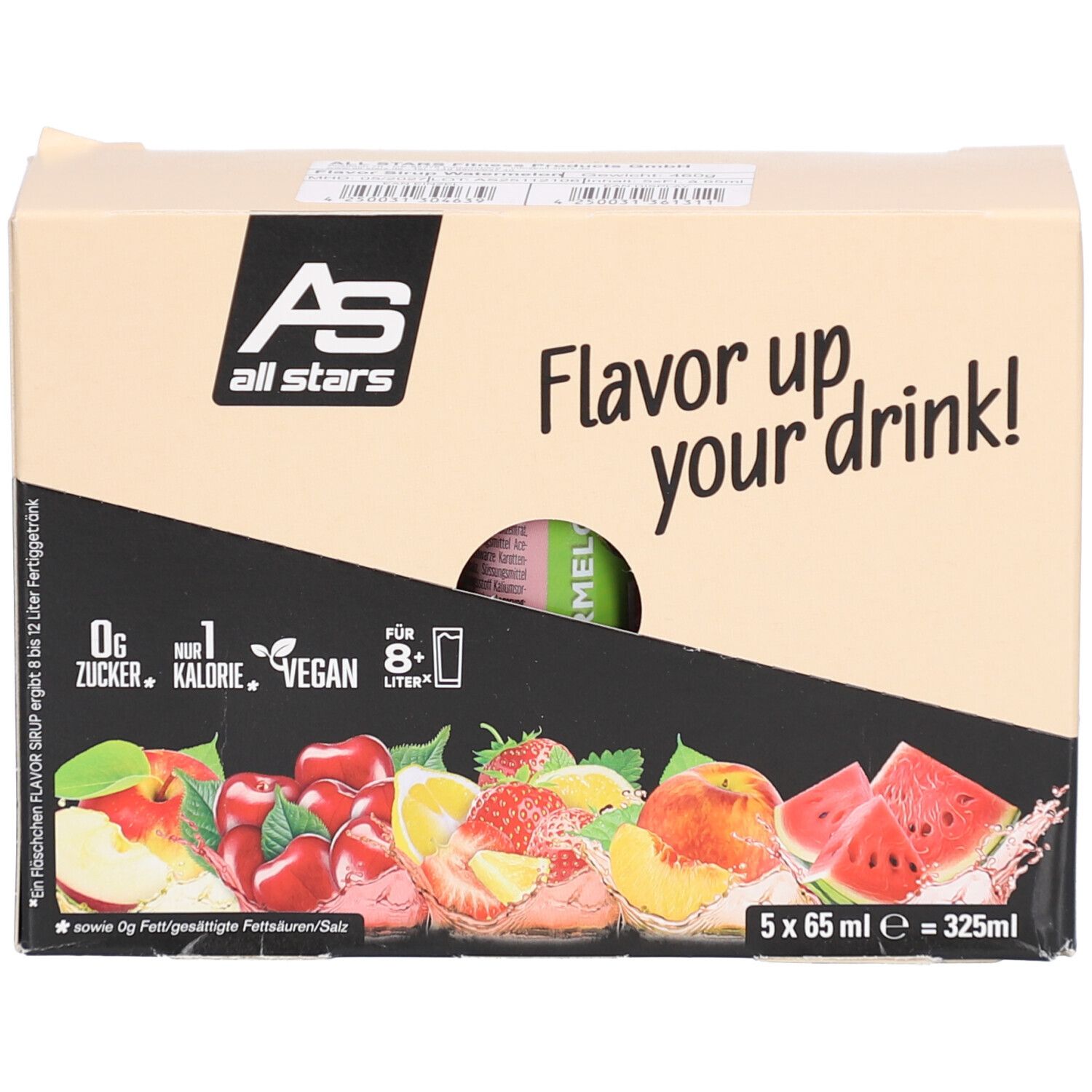 Boîte avec 5 bouteilles de sirop Flavor. Logo, informations et illustration de fruits sur la boîte.
