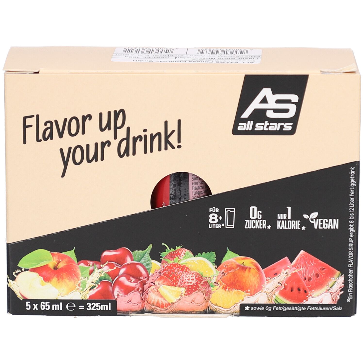 Boîte avec 5 bouteilles de sirop Flavor. Logo, informations et illustration de fruits sur la boîte.