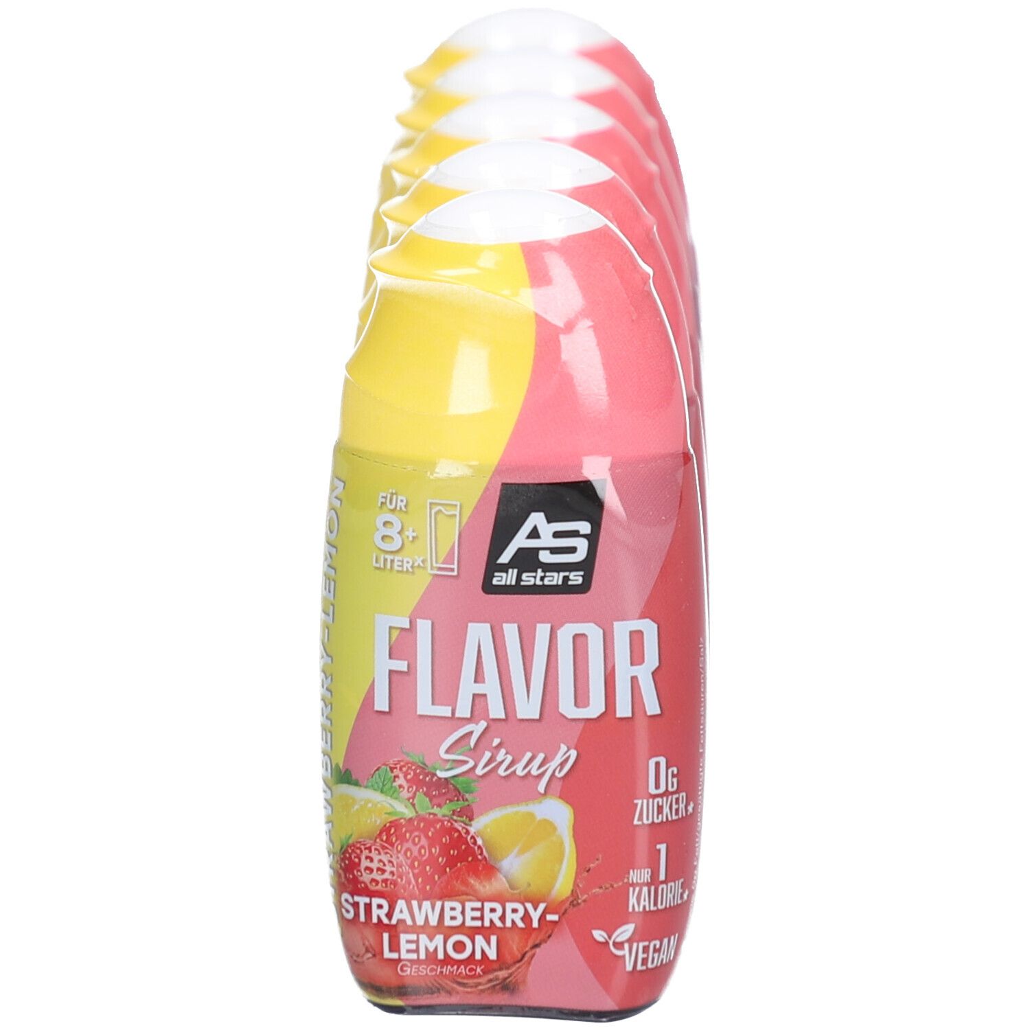 Cinq bouteilles de sirop, fraise-citron, AS all stars. Bouteilles jaune-rose, film transparent. Inscription : Flavor Sirup, 0g sucre, 1 calorie.
